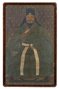A Set of Two Ancestor Portraits, , depicting a couple each seated in a horseshoe back armchair, wearing voluminous robes, with a calm e