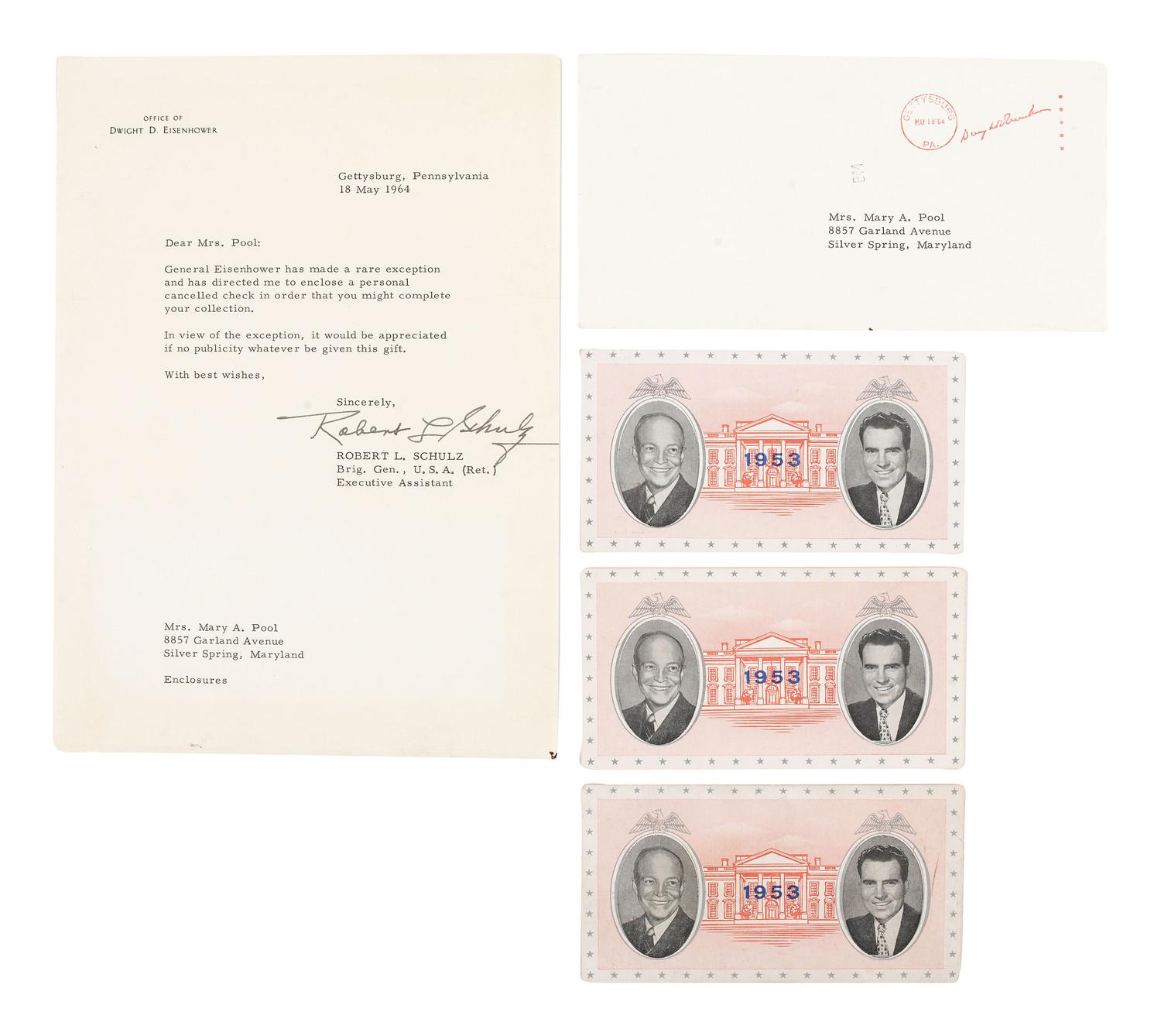 EISENHOWER, Dwight D. (1890-1969). A group of 2 signed items with related correspondence and ephemera.