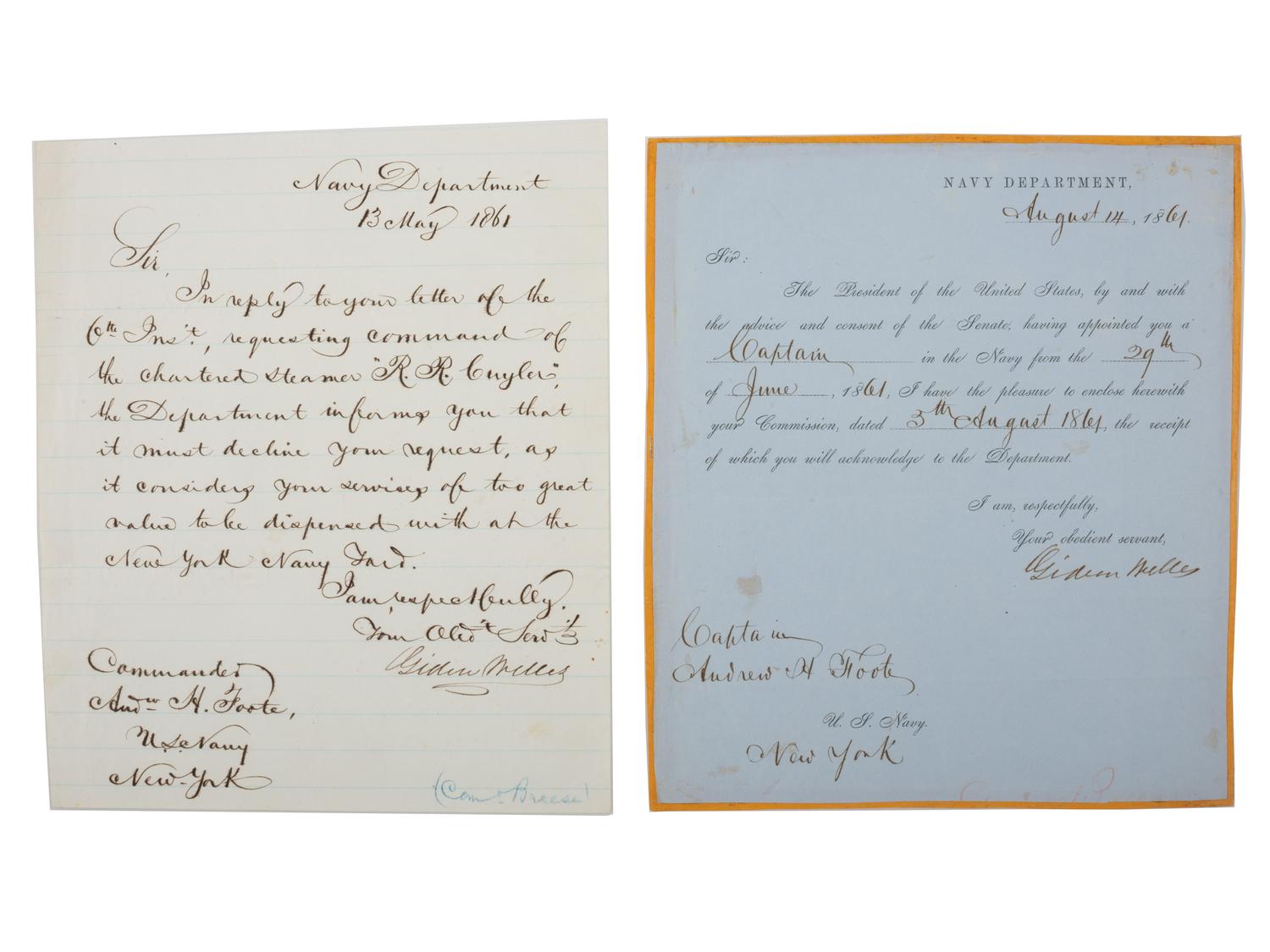 [CIVIL WAR - NAVY]. WELLES, Gideon (1802-1878). 4 letters and documents signed ("Gideon Welles"), as Secretary of the Navy, to Andrew H. Foote (1806-1863), regarding Foote's commands. [Washington, D.C.], Navy Department, 1861-1862.