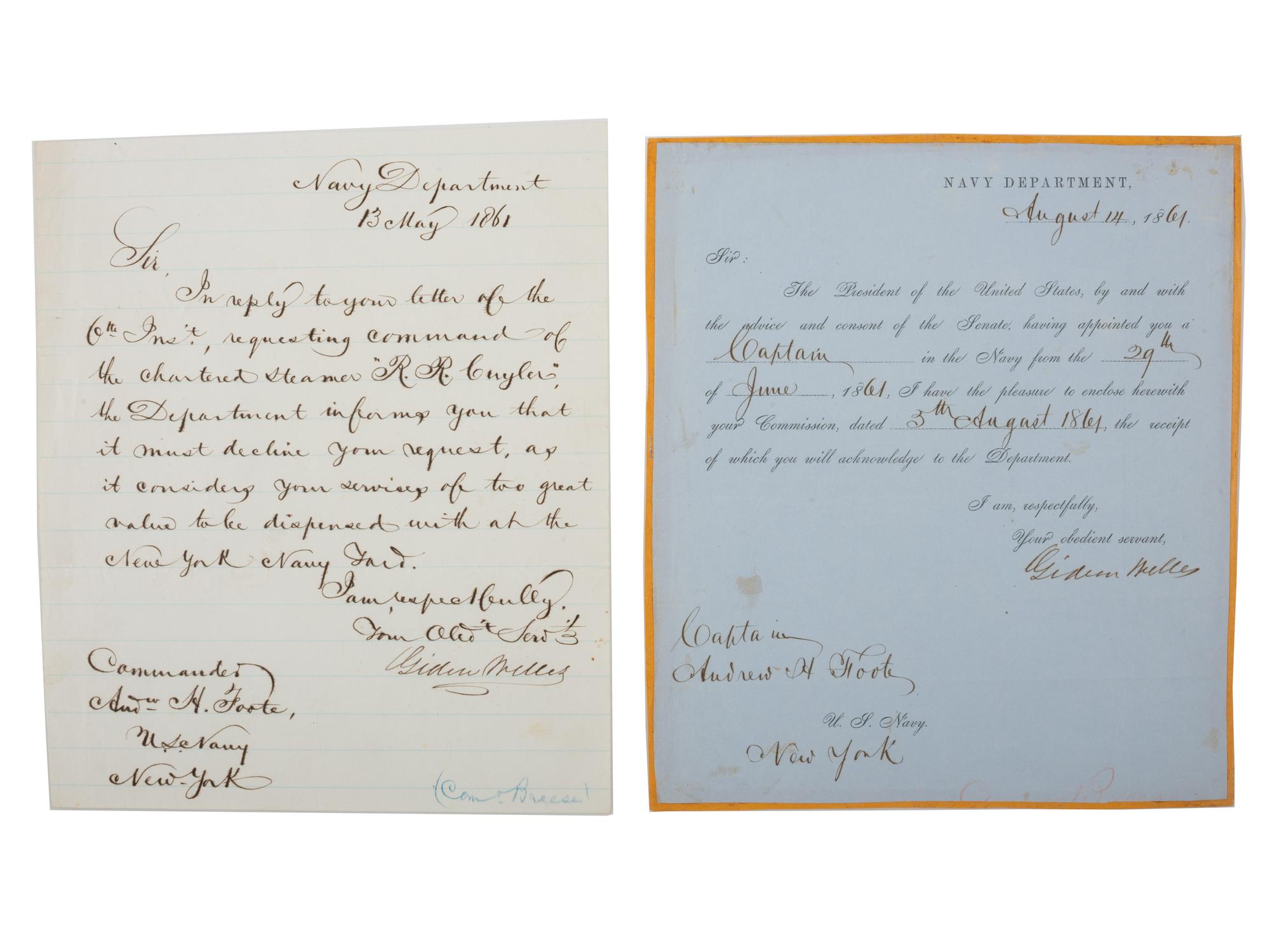 [CIVIL WAR - NAVY]. WELLES, Gideon (1802-1878). 4 letters and documents signed ("Gideon Welles"), as Secretary of the Navy, to Andrew H. Foote (1806-1863), regarding Foote's commands. [Washington, D.C.], Navy Department, 1861-1862.
