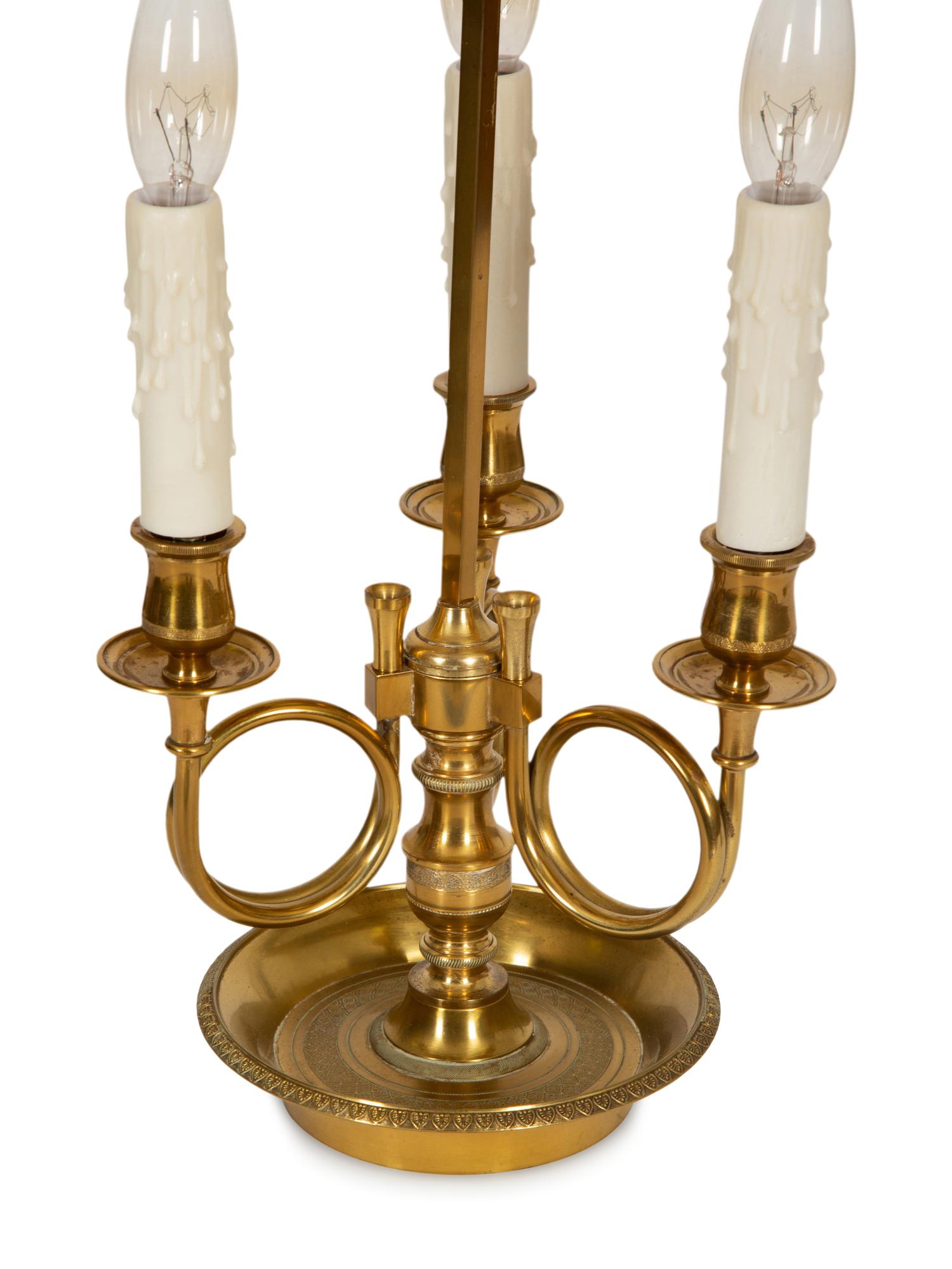 A French Brass Bouillotte Lamp with Hunting Horns and Tole Shade