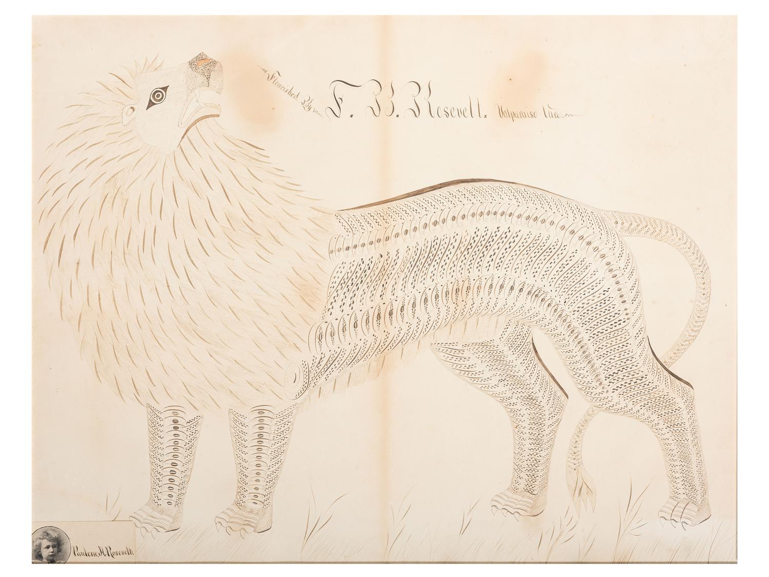 A Calligraphy Penmanship Picture of a Lion by Frank B. Rosevelt (American, 1862-1945)