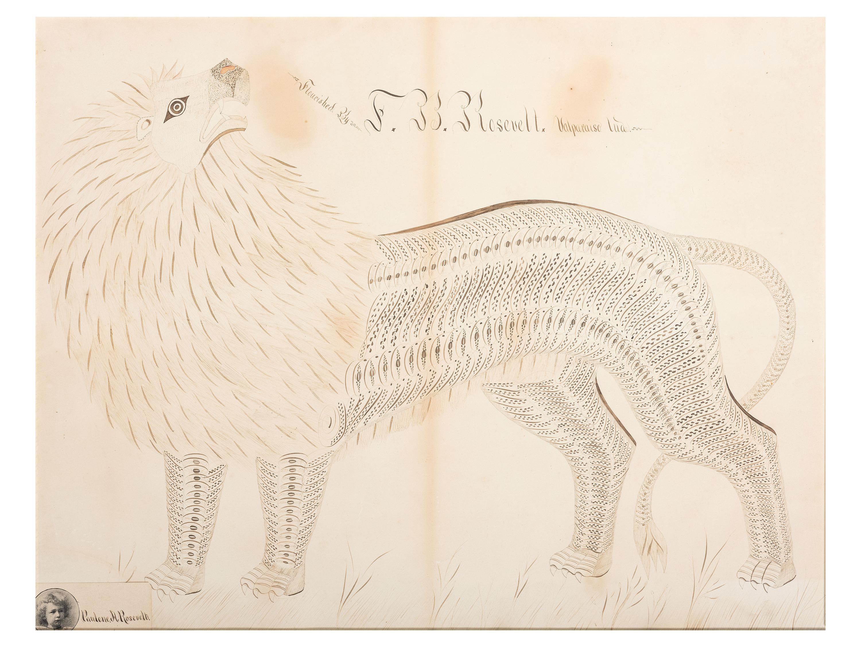 A Calligraphy Penmanship Picture of a Lion by Frank B. Rosevelt (American, 1862-1945)