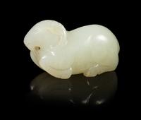 A Pale Celadon Jade Figure of a Ram Length 2 1/2 inches. — 19TH CENTURY
