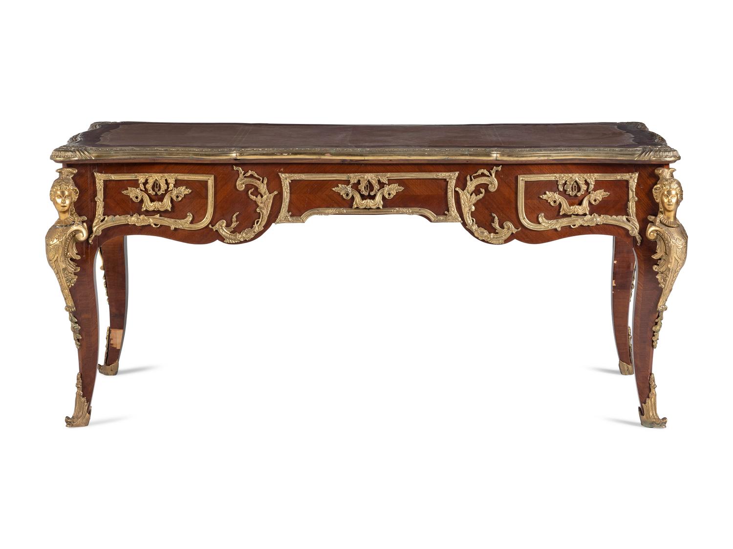 A Louis XV Style Gilt Bronze Mounted Mahogany Bureau Plat