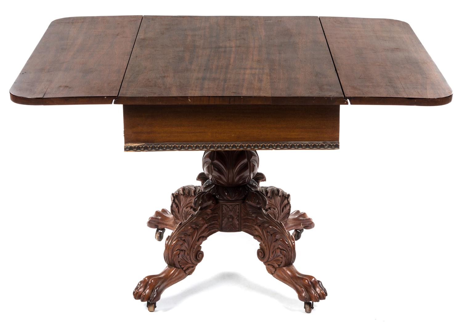 An American Mahogany Drop-Leaf Breakfast Table, Height 28 1/4 x width 46 3/4 x depth 40 inches (open).