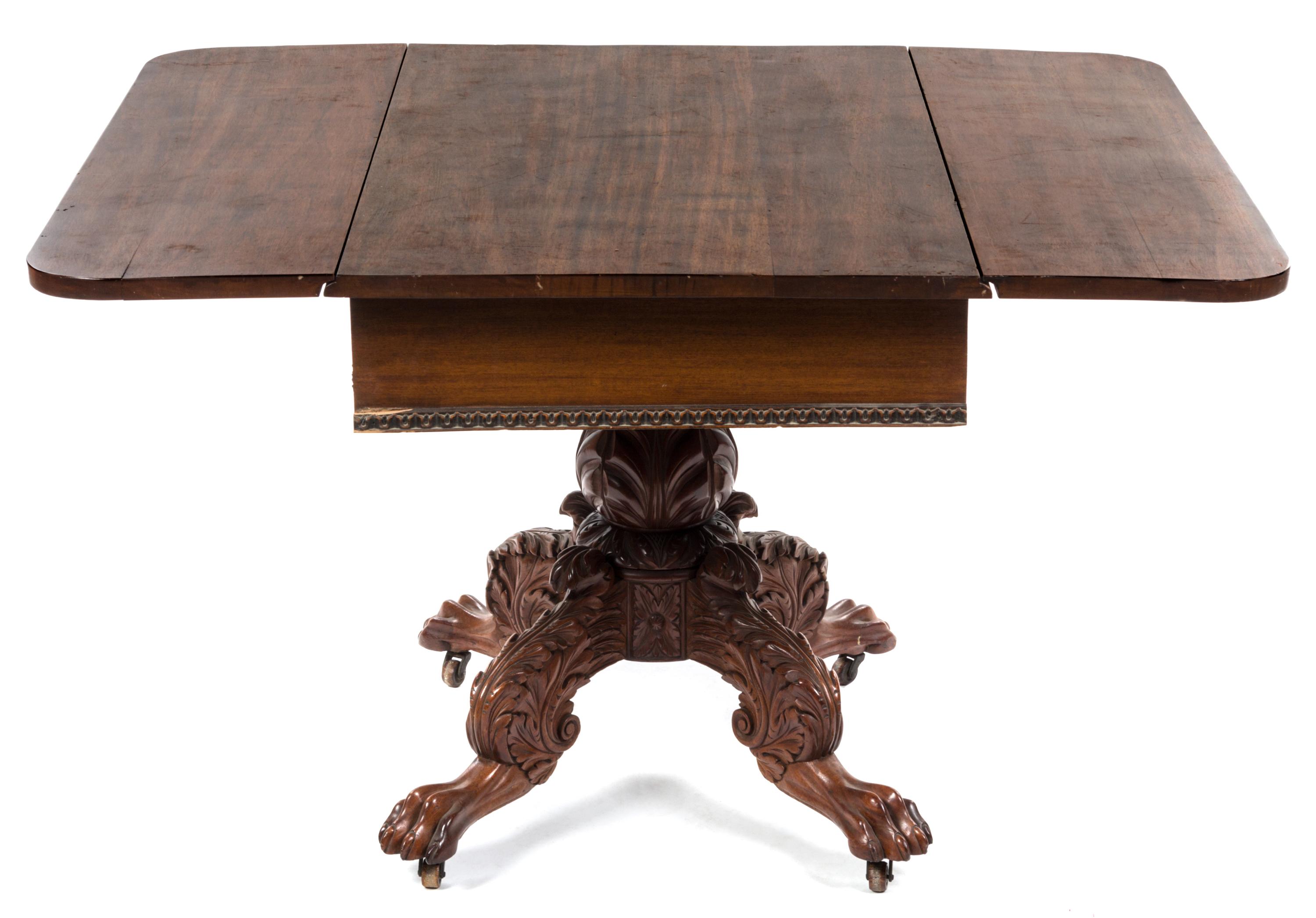 An American Mahogany Drop-Leaf Breakfast Table, Height 28 1/4 x width 46 3/4 x depth 40 inches (open).