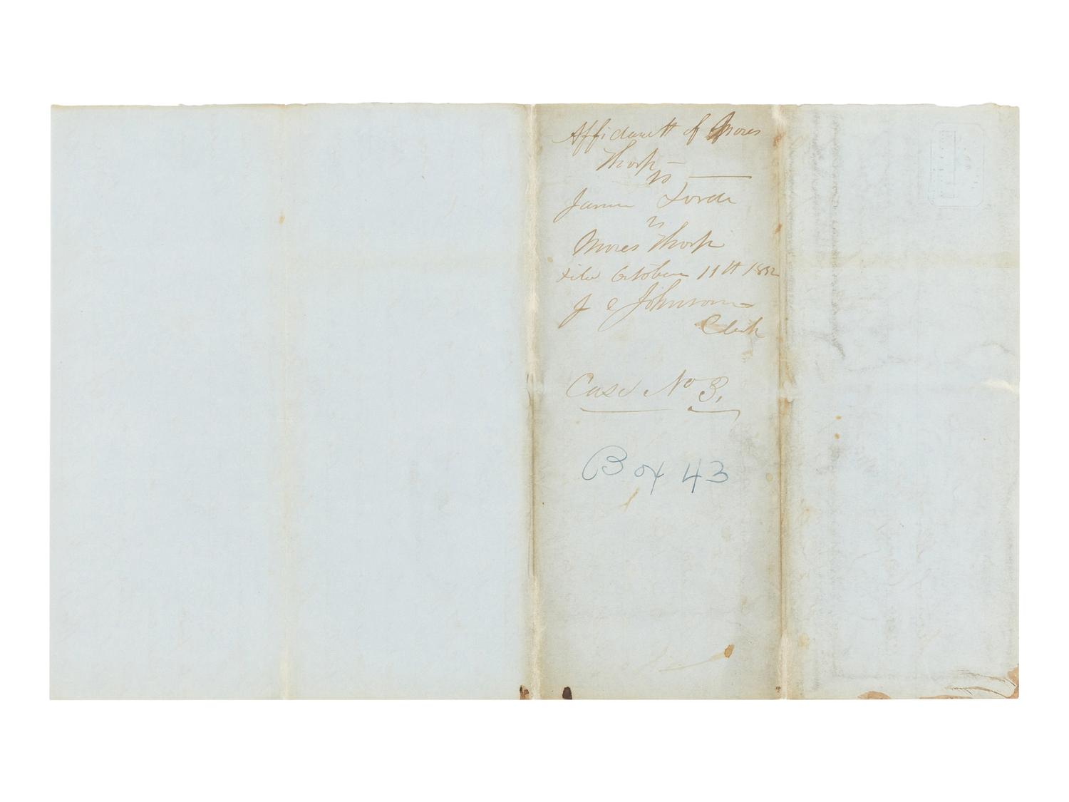 LINCOLN, Abraham (1809-1865). Autograph legal document in the hand of Lincoln signed by Moses Thorpe and J. Johnson, Clerk. Piatt County, Illinois, 11 October 1852.