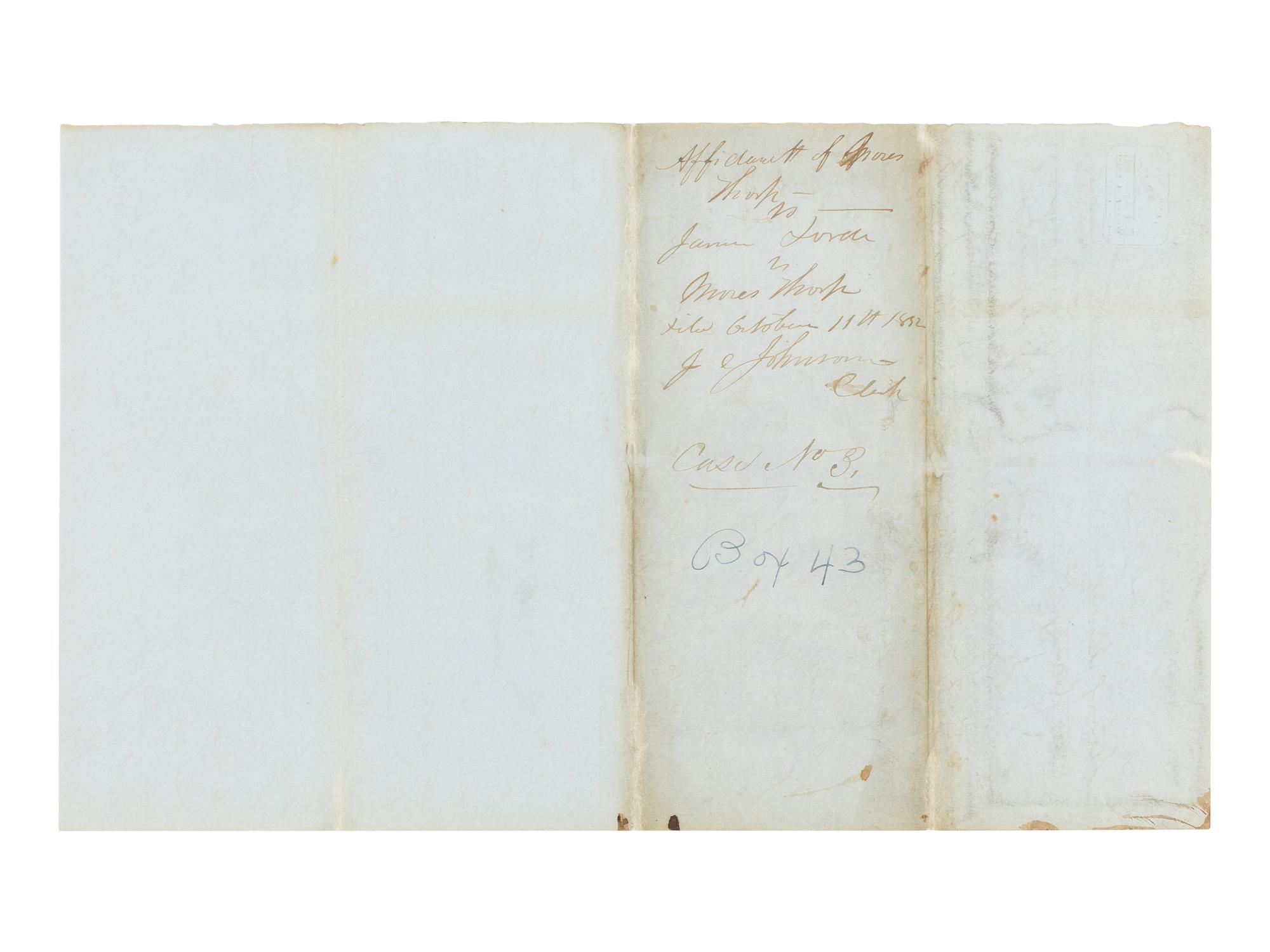 LINCOLN, Abraham (1809-1865). Autograph legal document in the hand of Lincoln signed by Moses Thorpe and J. Johnson, Clerk. Piatt County, Illinois, 11 October 1852.