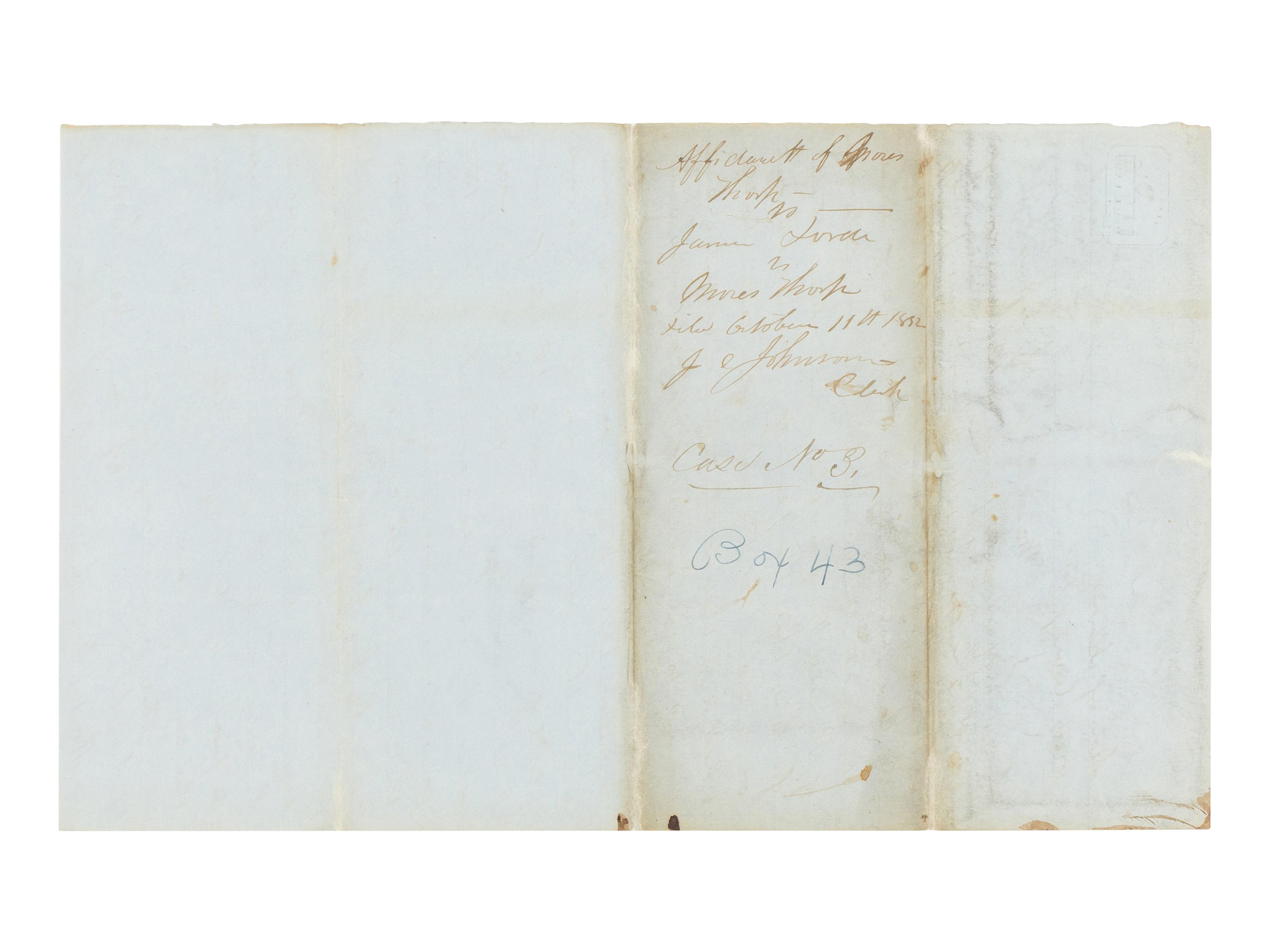 LINCOLN, Abraham (1809-1865). Autograph legal document in the hand of Lincoln signed by Moses Thorpe and J. Johnson, Clerk. Piatt County, Illinois, 11 October 1852.