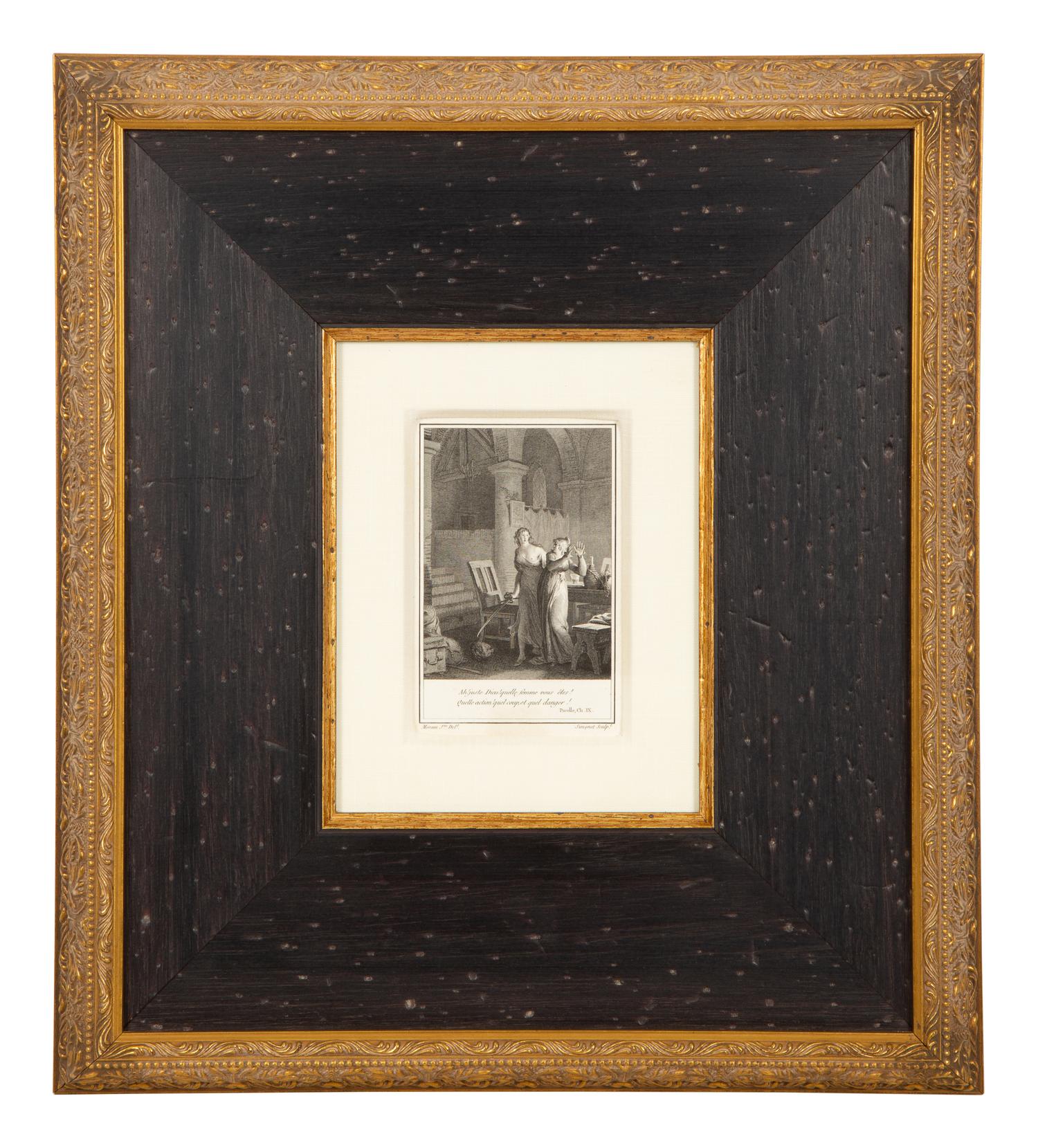 A Set of Four French Engravings of Courting Aristocrats in Ebonized and Giltwood Frames