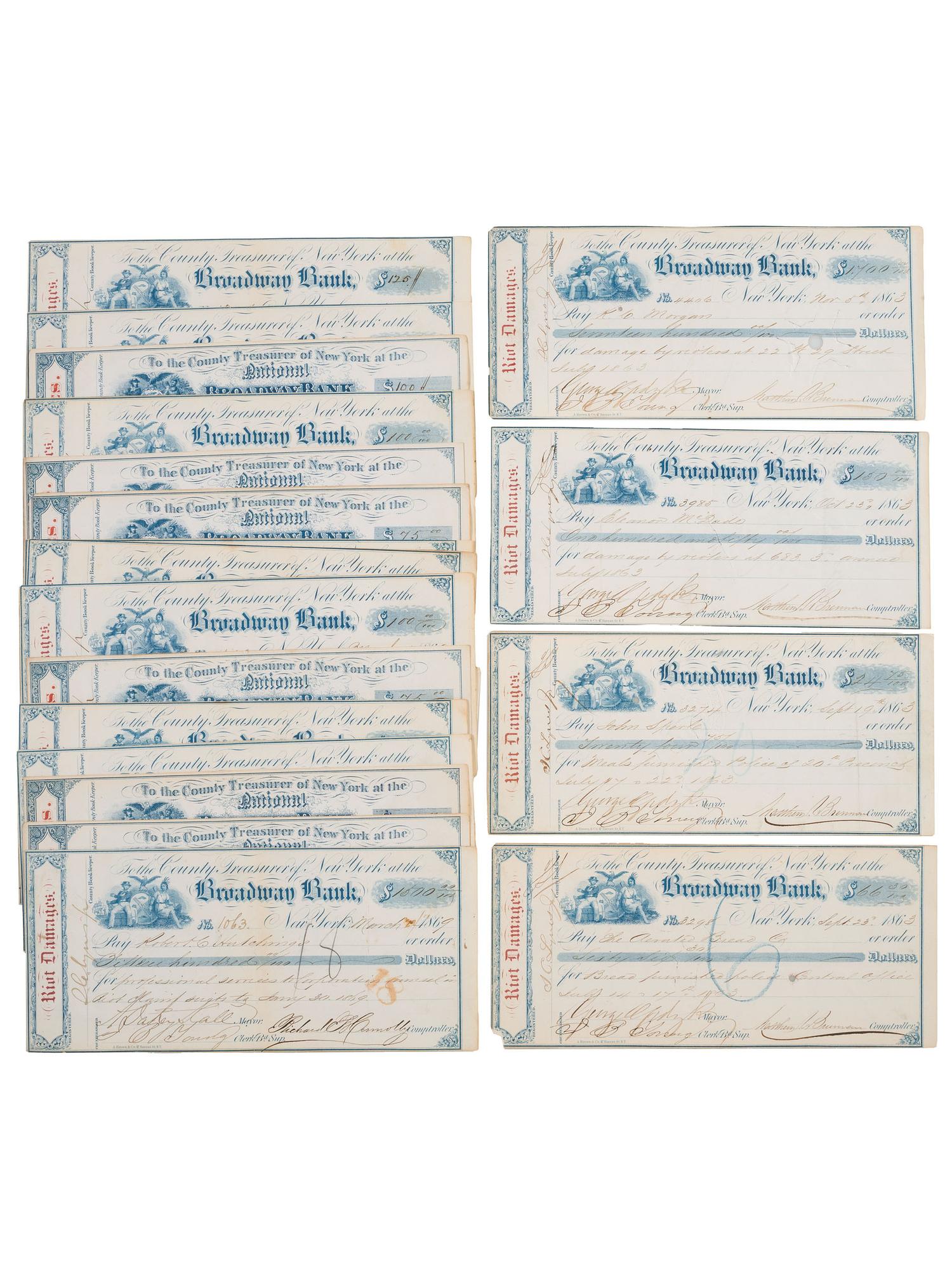 [CIVIL WAR] -- [DRAFT RIOTS]. Archive related to the New York City Draft Riots of 1863, incl. substitute bounty forms, correspondence, damage reimbursement checks, and more.