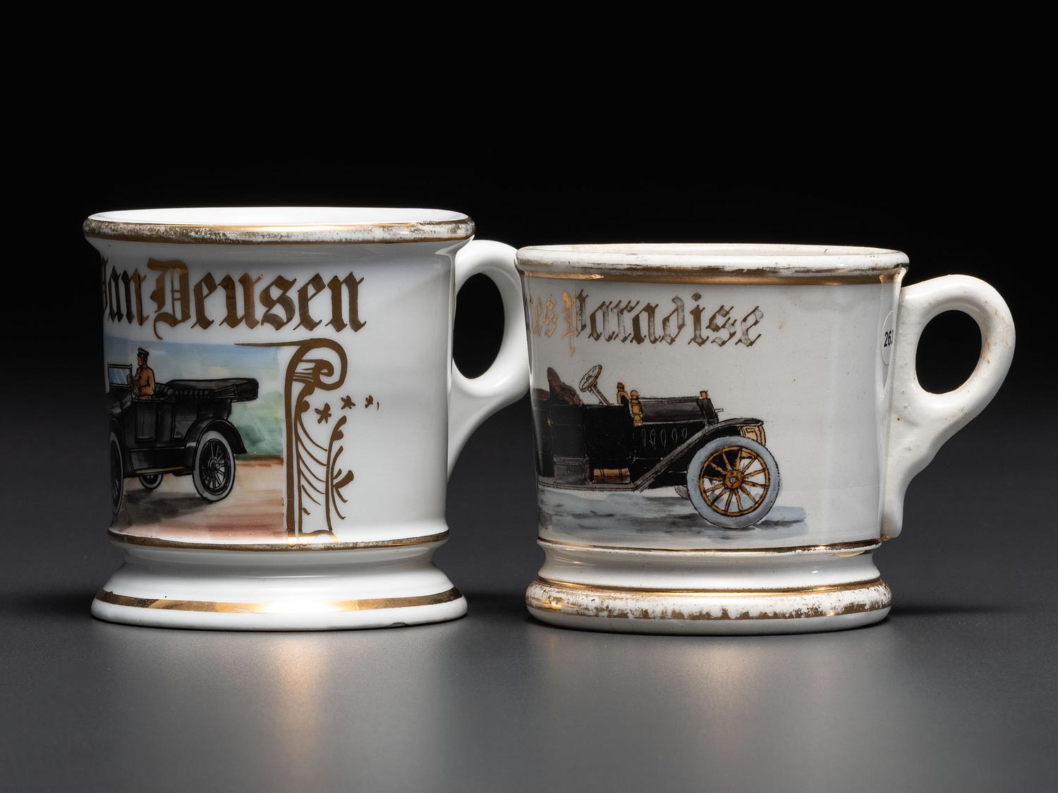 Two Open Touring Car Porcelain Occupational Shaving Mugs