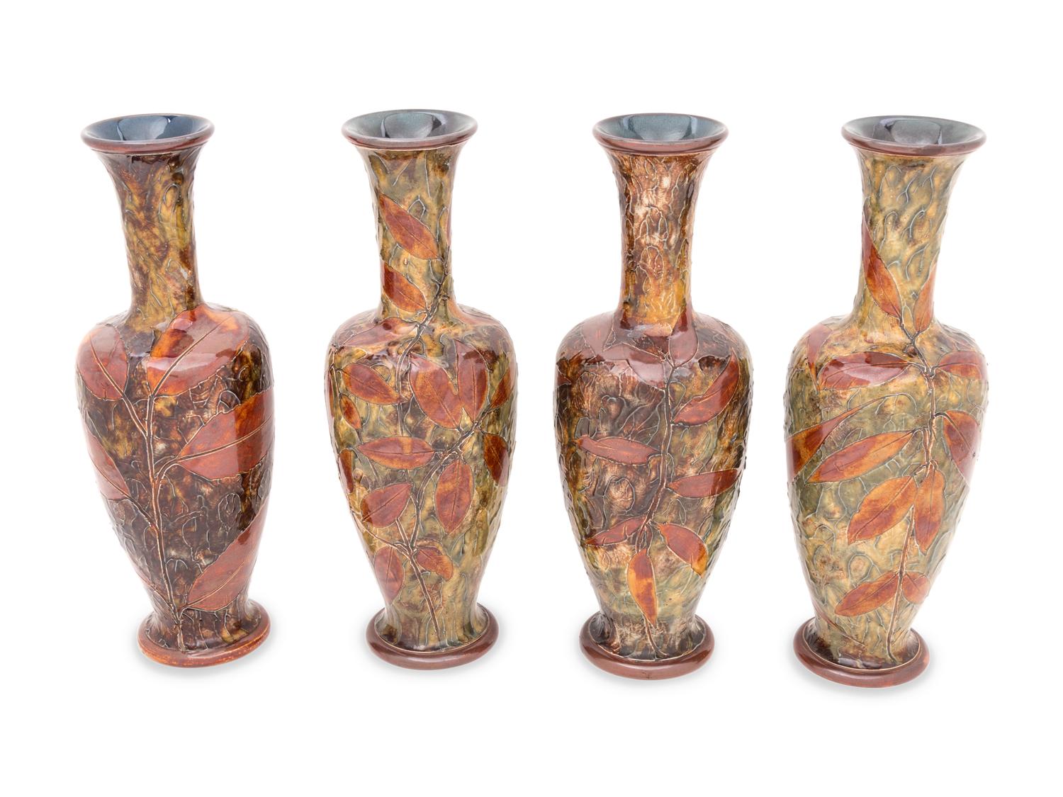 A Set of Four Royal Doulton Carved Stoneware Leaf Vases