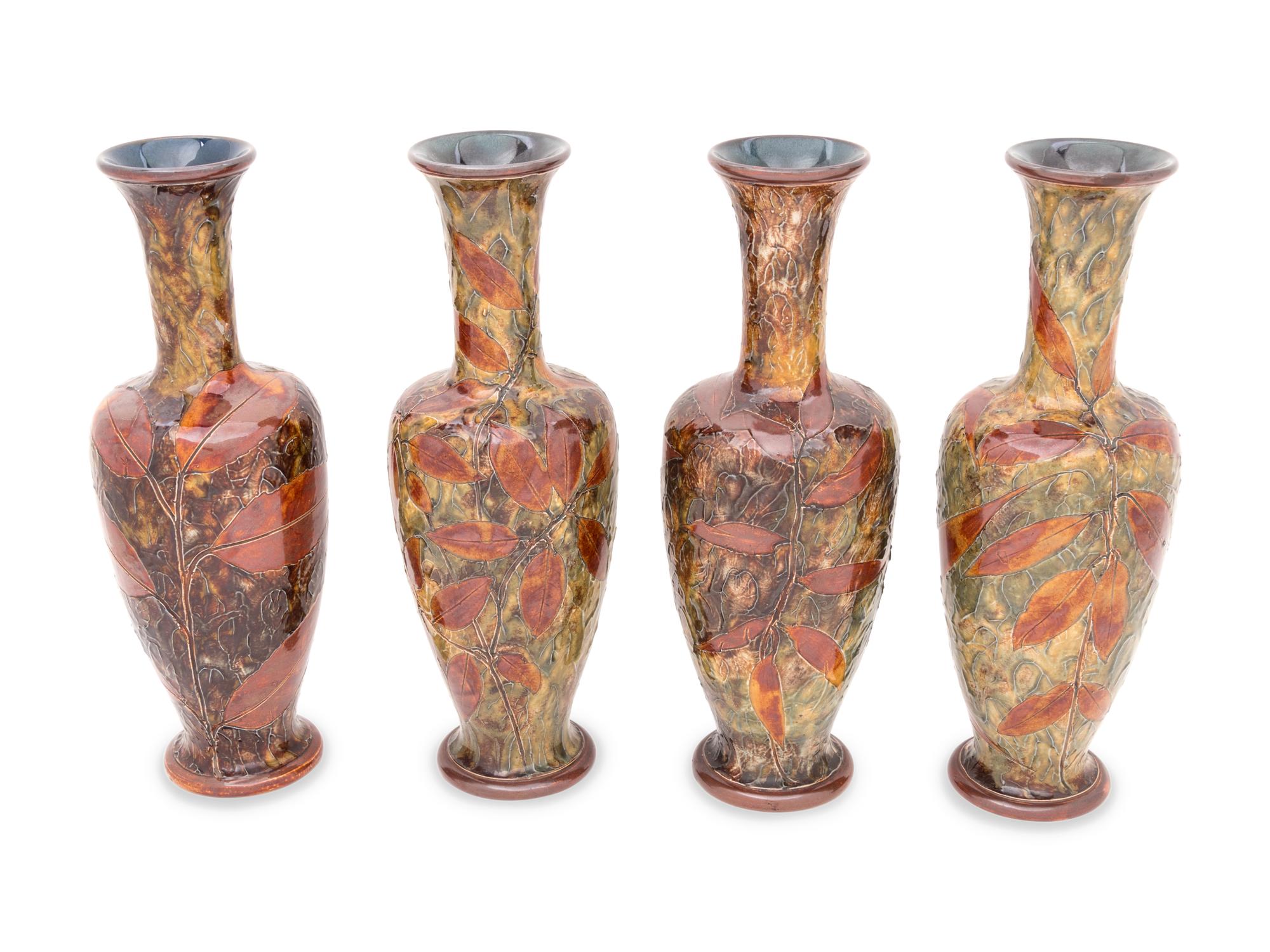 A Set of Four Royal Doulton Carved Stoneware Leaf Vases