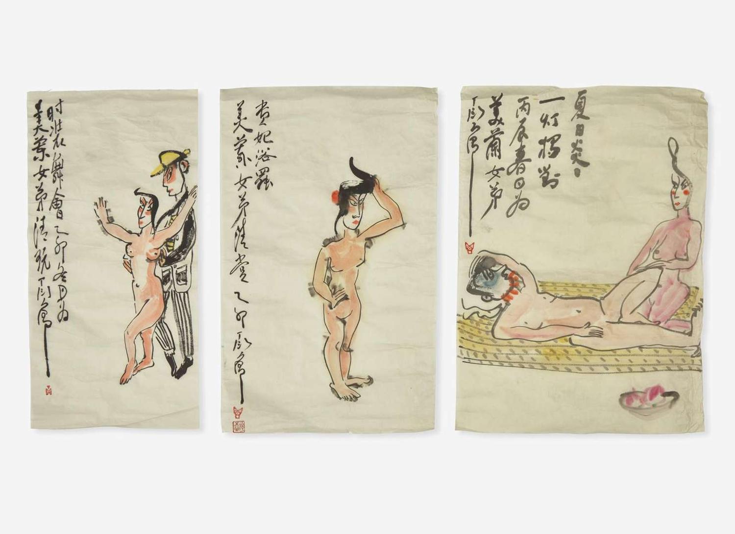 Ding Yanyong (Chinese, 1902-1978), Guifei Bathing; Summer Nudes; Dressing the Model, three works, dated equivalent to 1975 or 1976 丁衍庸（1902-1978）貴妃出浴 裸女 及時裝秀 1975及1976