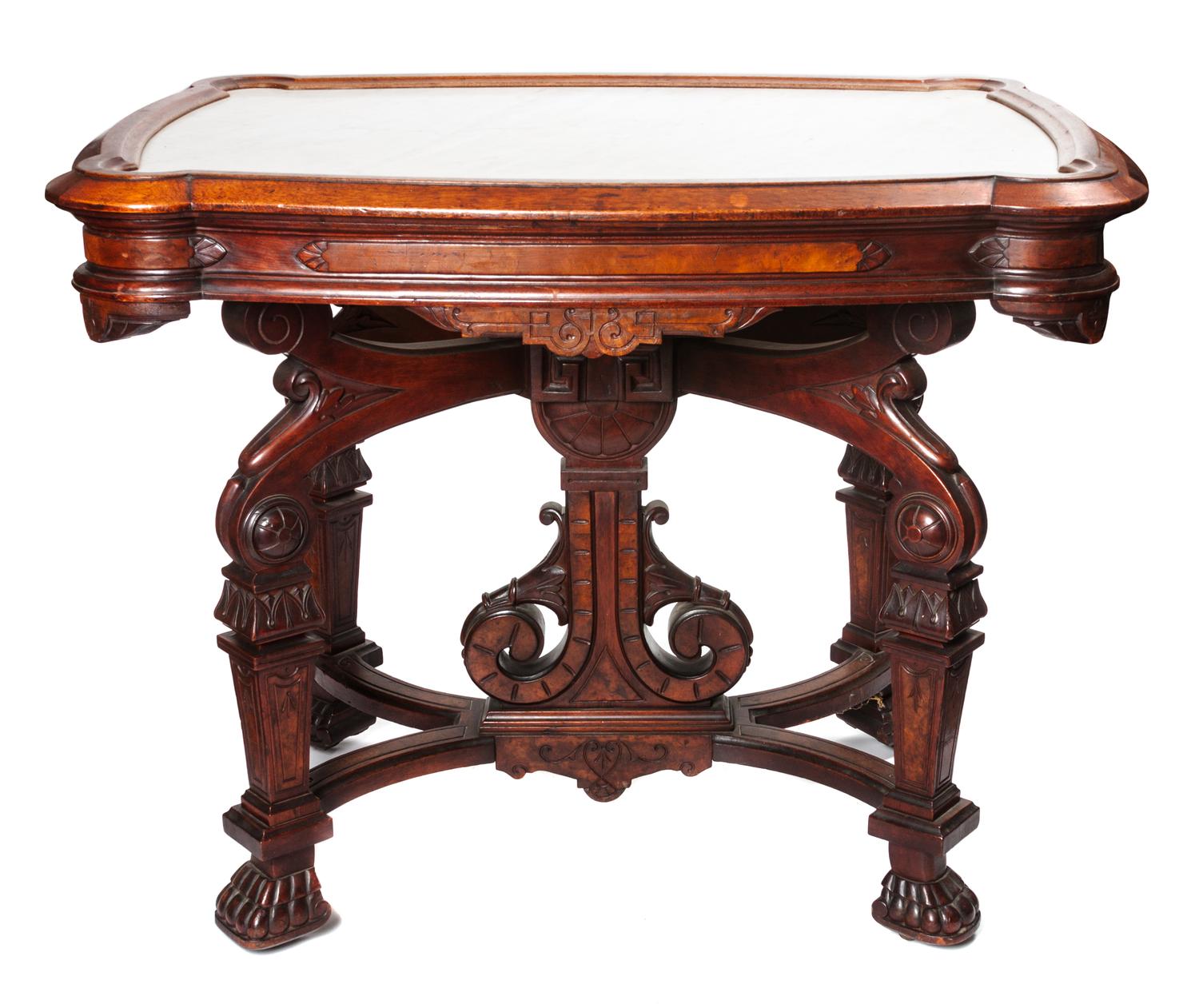 A Victorian Burlwood Center Table Height 31 1/2 x width 39 x depth 30 inches.