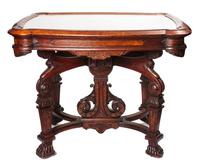 A Victorian Burlwood Center Table Height 31 1/2 x width 39 x depth 30 inches.