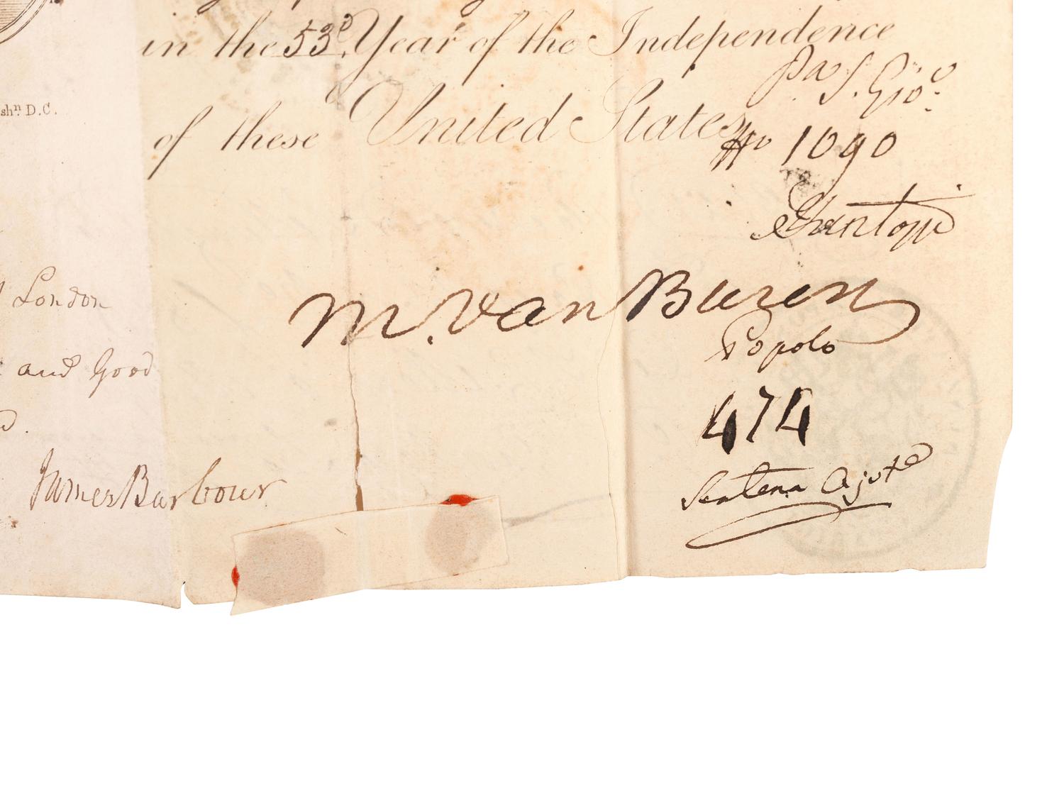 VAN BUREN, Martin (1782-1862). Passport document signed ("M. Van Buren"), as Secretary of State. 1830. Set in a book with accompanying travel documents.