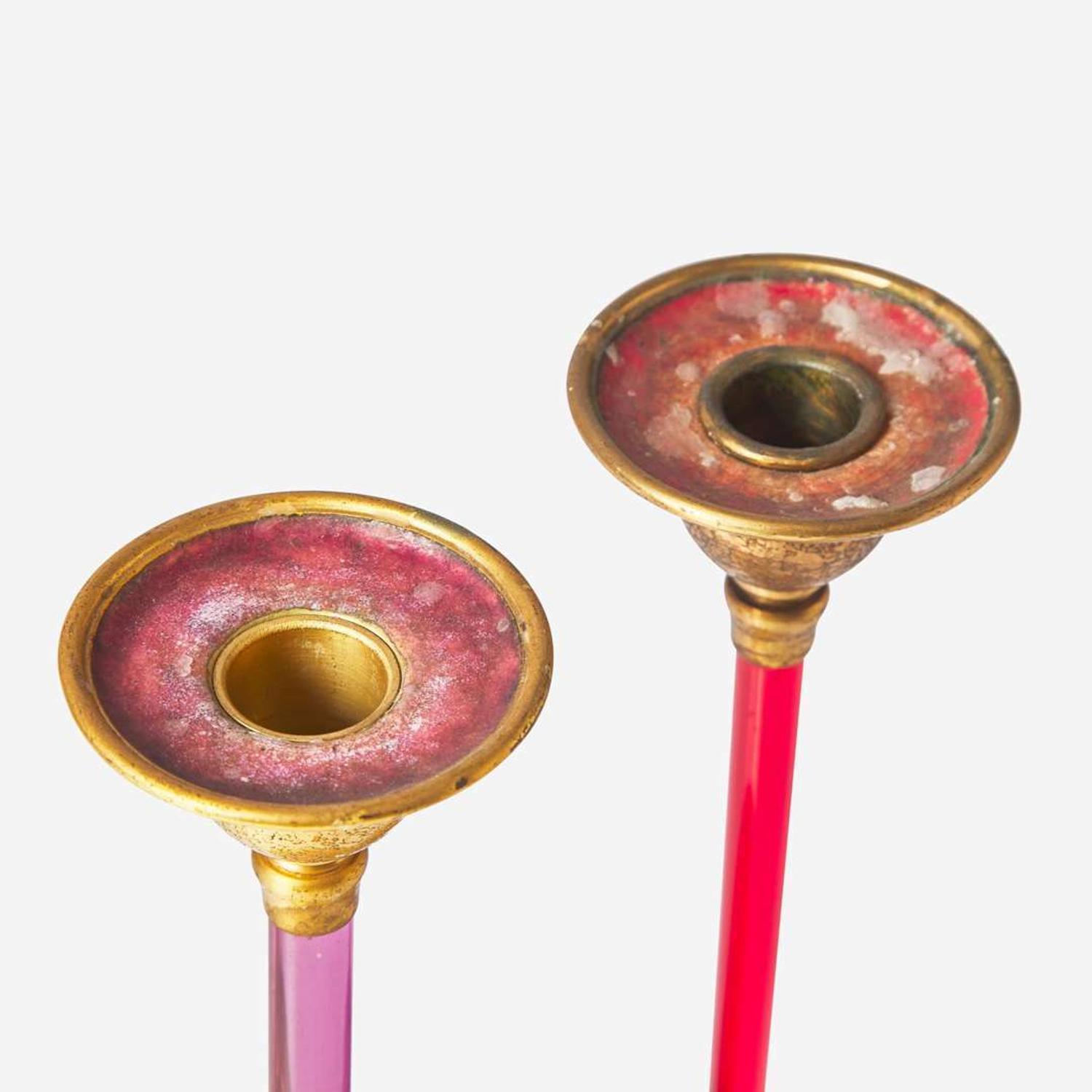 Louis C. Tiffany Furnaces, Inc. (American, active 1920-1928) Two Red or Pink Glass and Enamel Candlesticks, New York, NY, 1920s