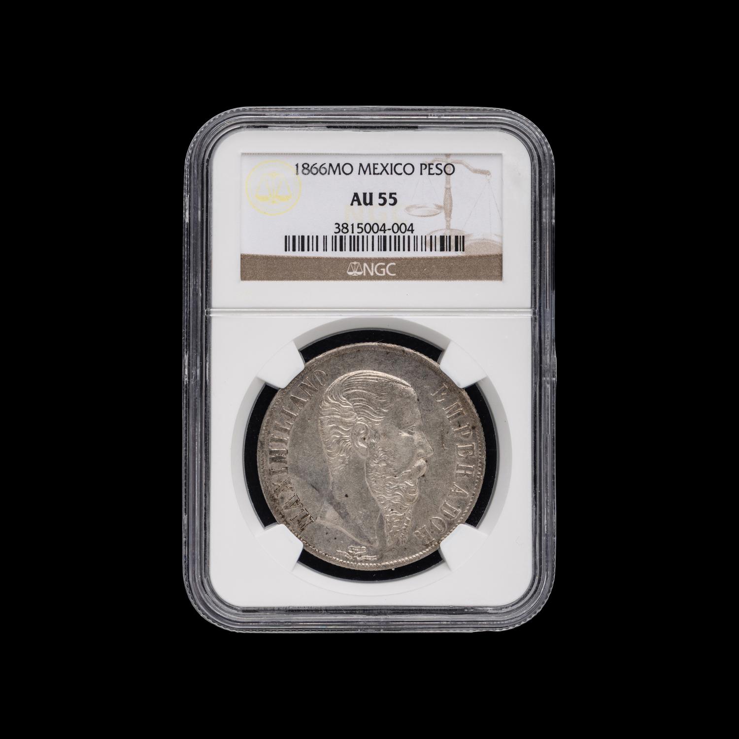 [MEXICO] An 1866-MO Emperor Maximillian 1 Peso Coin [NGC AU55]