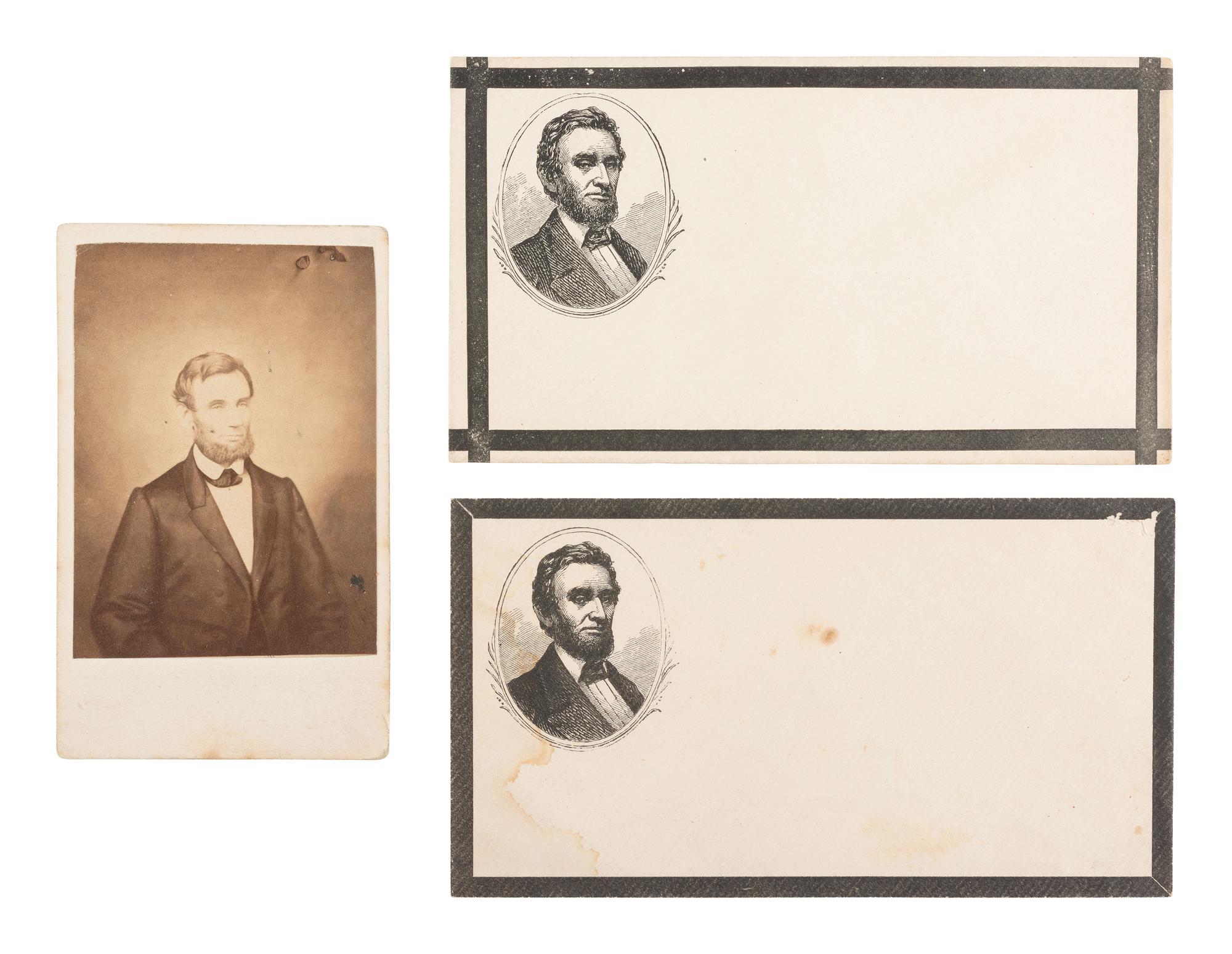 [LINCOLNIANA]. Pair of Lincoln mourning envelopes with CDV portrait.