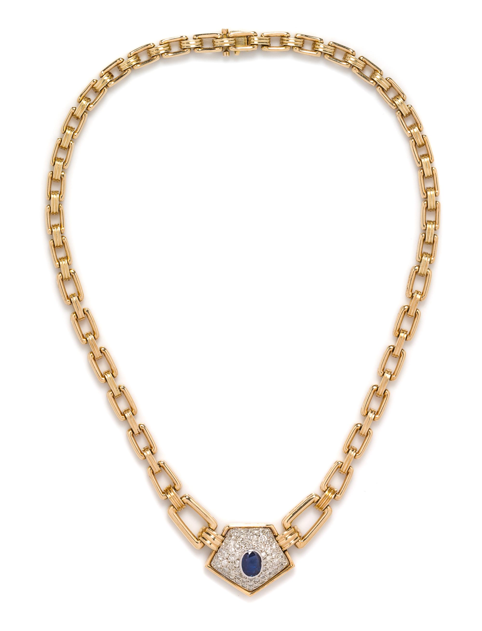 A 14 Karat Yellow Gold, Sapphire and Diamond Necklace, 34.40 dwts.