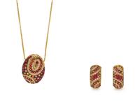 A 14 Karat Yellow Gold, Diamond and Multicolored Gemstone Demi-Parure,