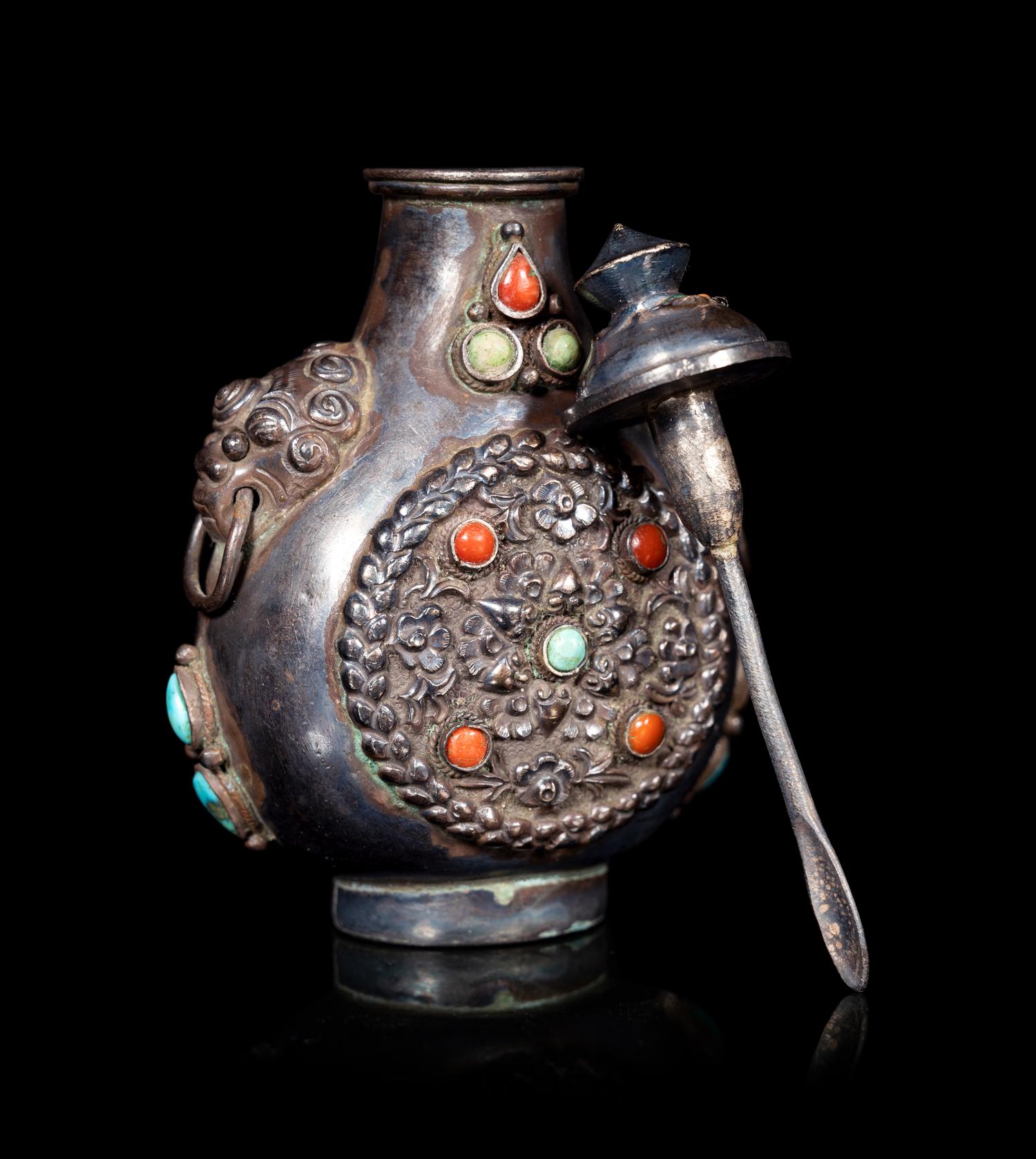 Two Mongolian or Tibetan Hardstone Inset Metal Snuff Bottles