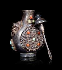 Two Mongolian or Tibetan Hardstone Inset Metal Snuff Bottles