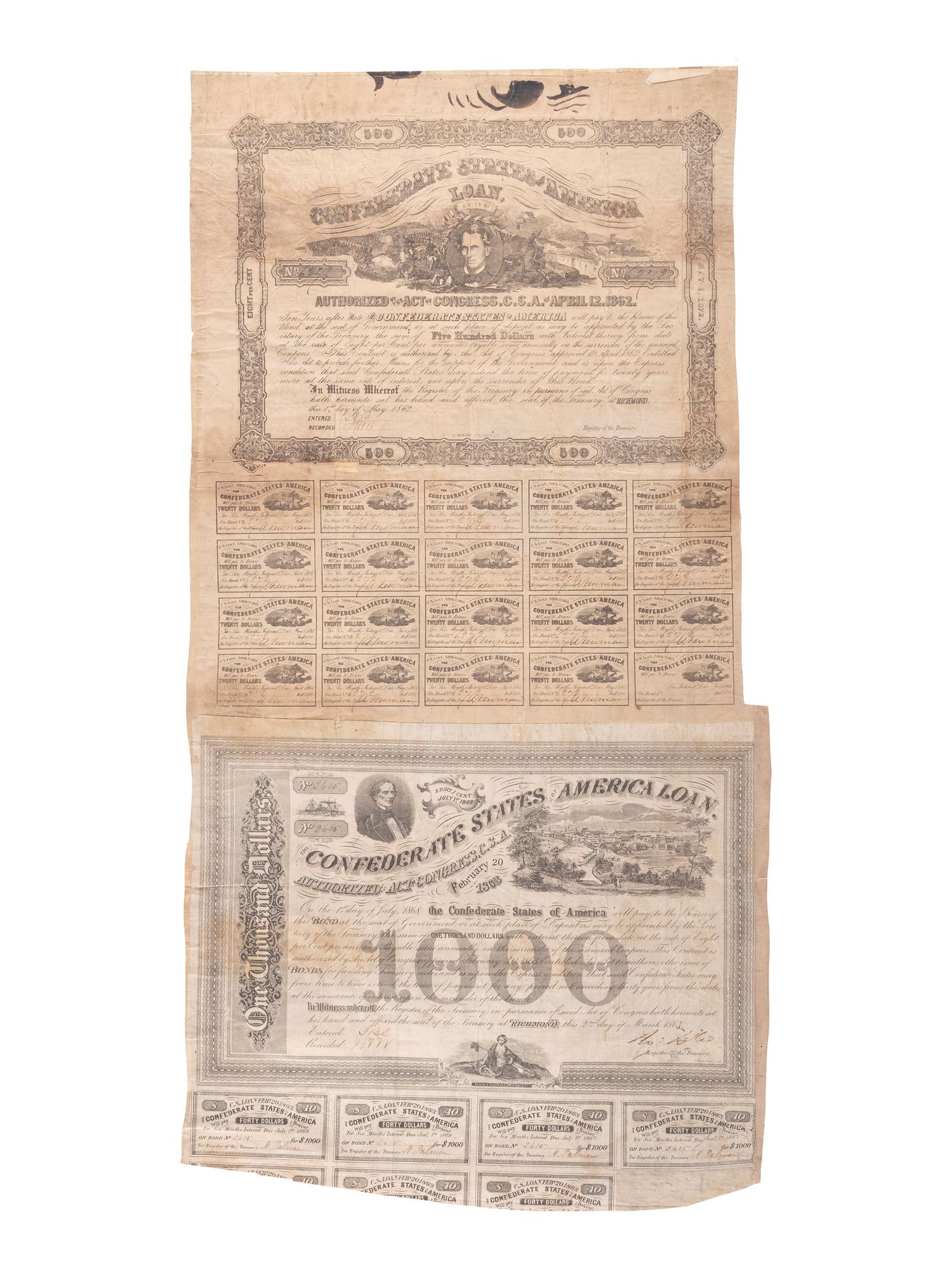 [CIVIL WAR]. A group of 11 Confederate bonds, incl. $500 and $1000 examples.