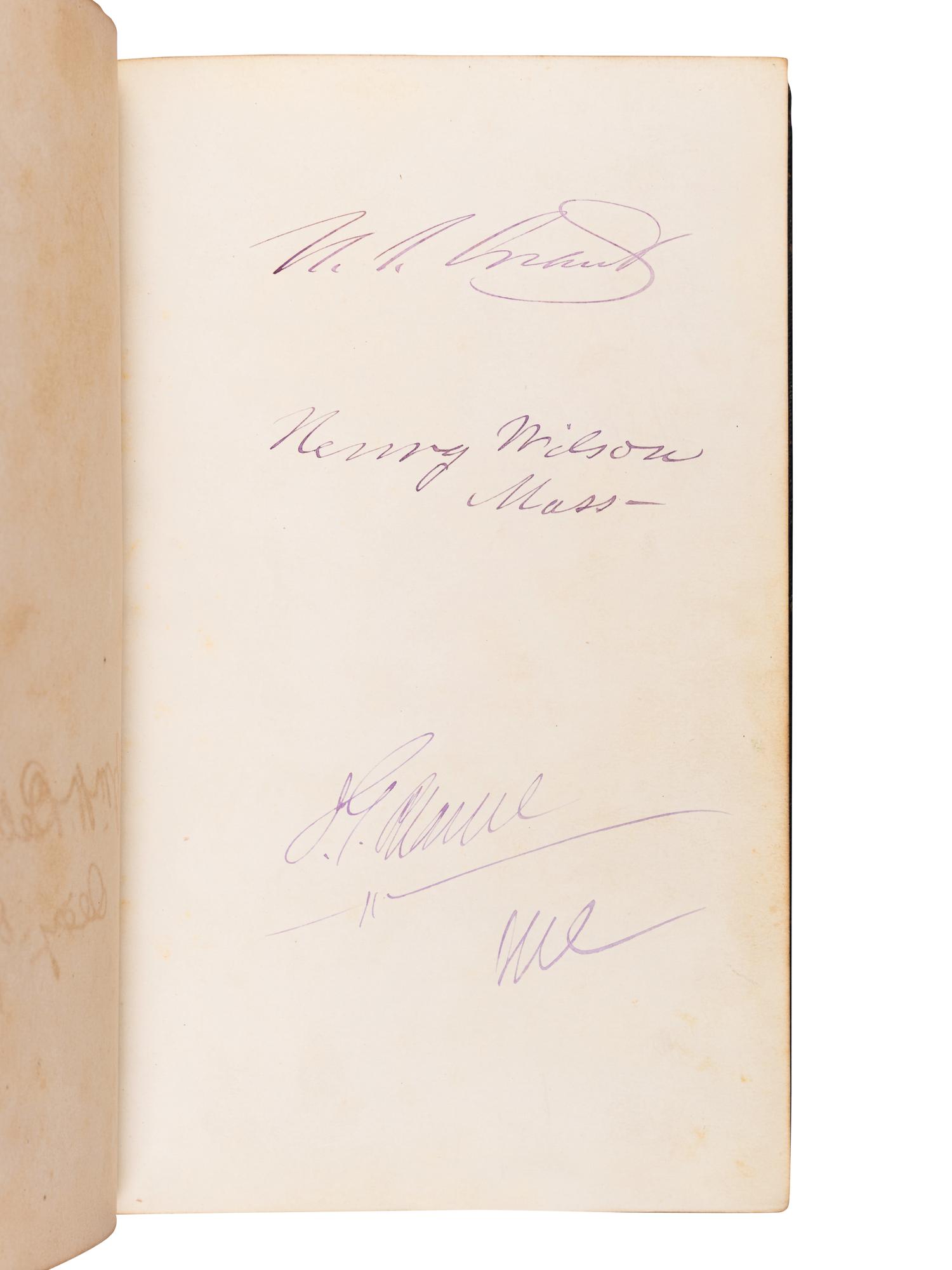 [GRANT, Ulysses S. (1822-1885), and others—AUTOGRAPH ALBUM]. An autograph album, c.1870s, assembling more than 350 signatures and inscriptions by President Ulysses S. Grant, members of his Cabinet (c.1873-74), Supreme Court Justices, Congressman, Senators, and various other prominent American political leaders and statesmen.