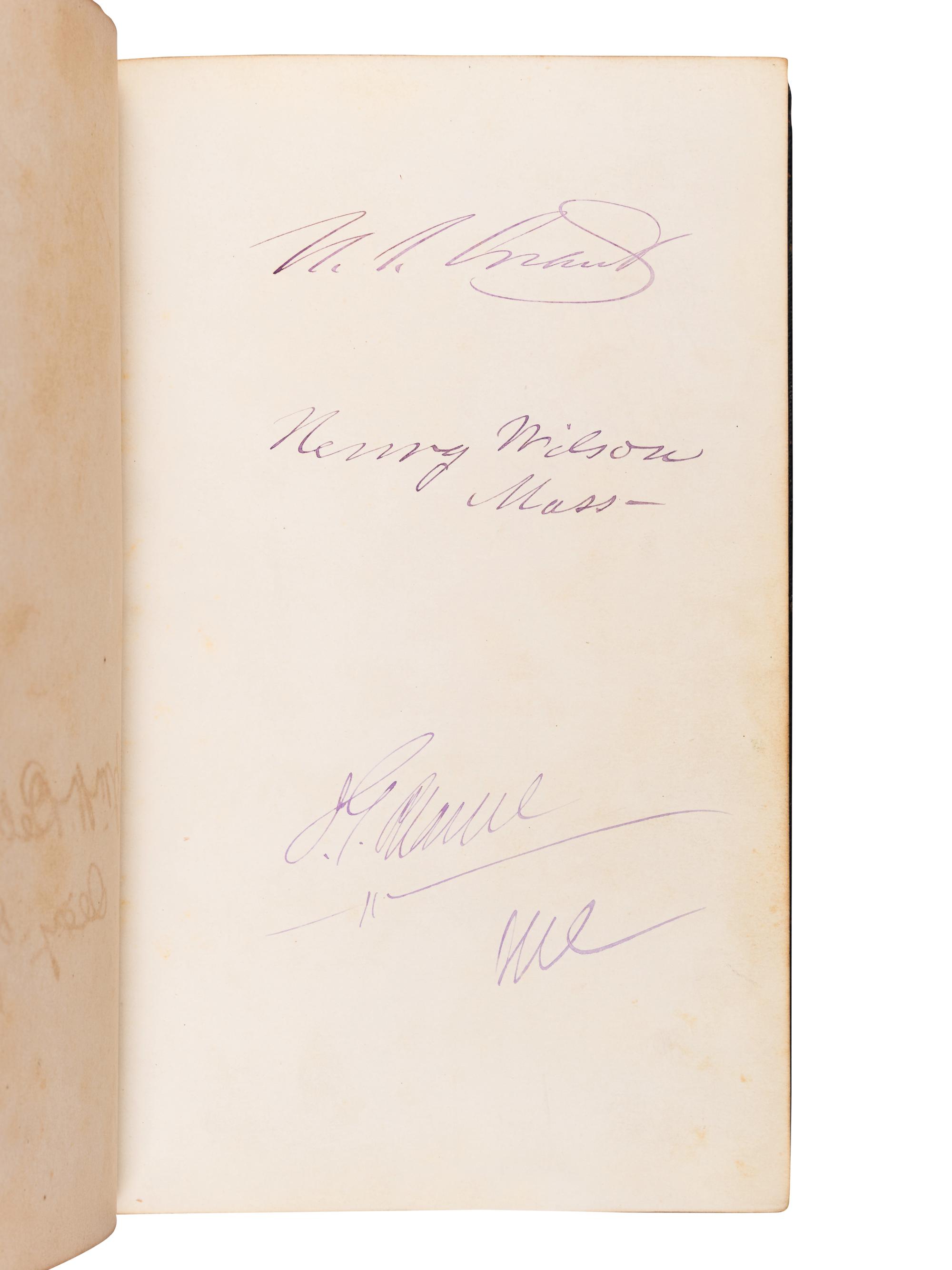 [GRANT, Ulysses S. (1822-1885), and others—AUTOGRAPH ALBUM]. An autograph album, c.1870s, assembling more than 350 signatures and inscriptions by President Ulysses S. Grant, members of his Cabinet (c.1873-74), Supreme Court Justices, Congressman, Senators, and various other prominent American political leaders and statesmen.