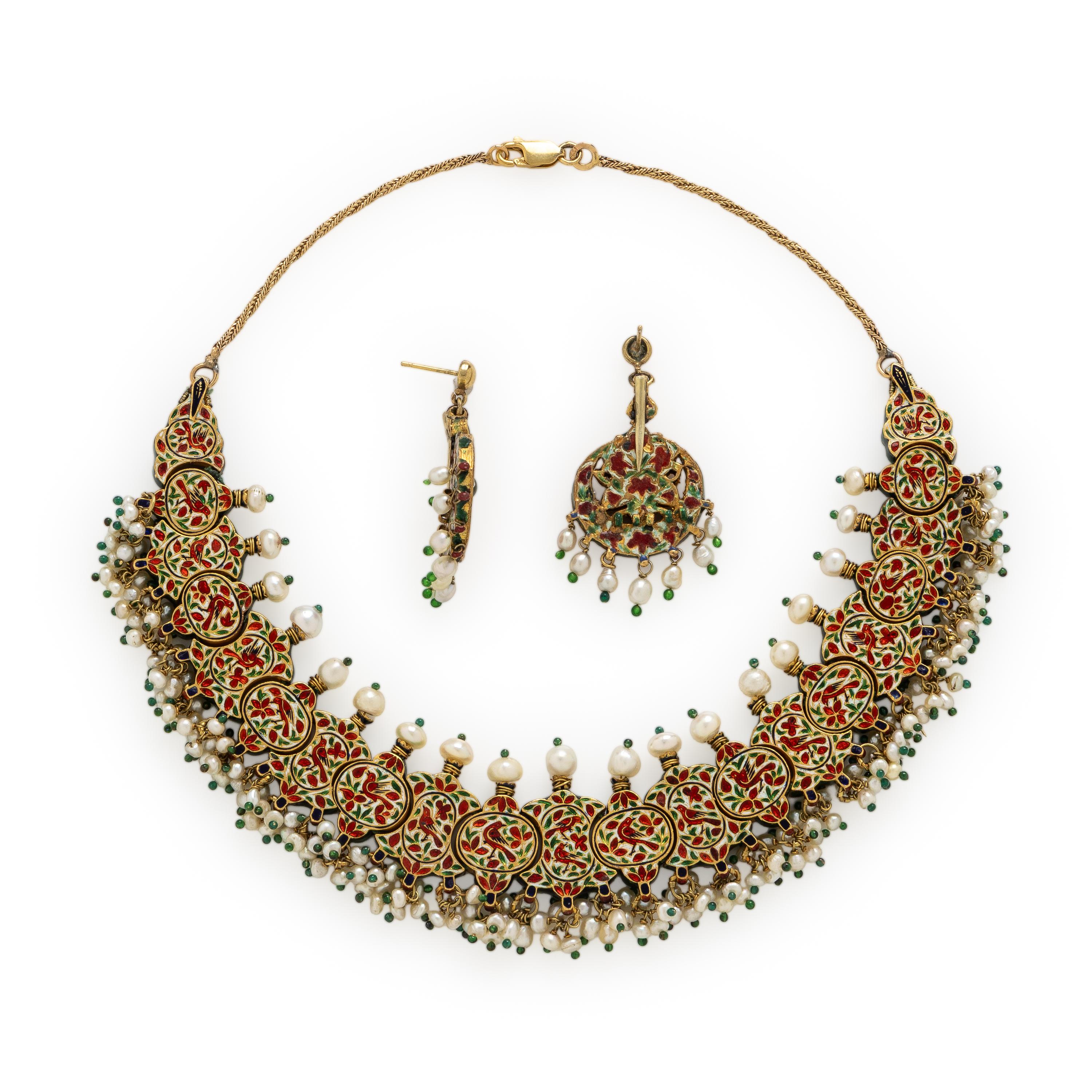 Yellow Gold, Enamel, and Multigem Mughal Style Demi Parure