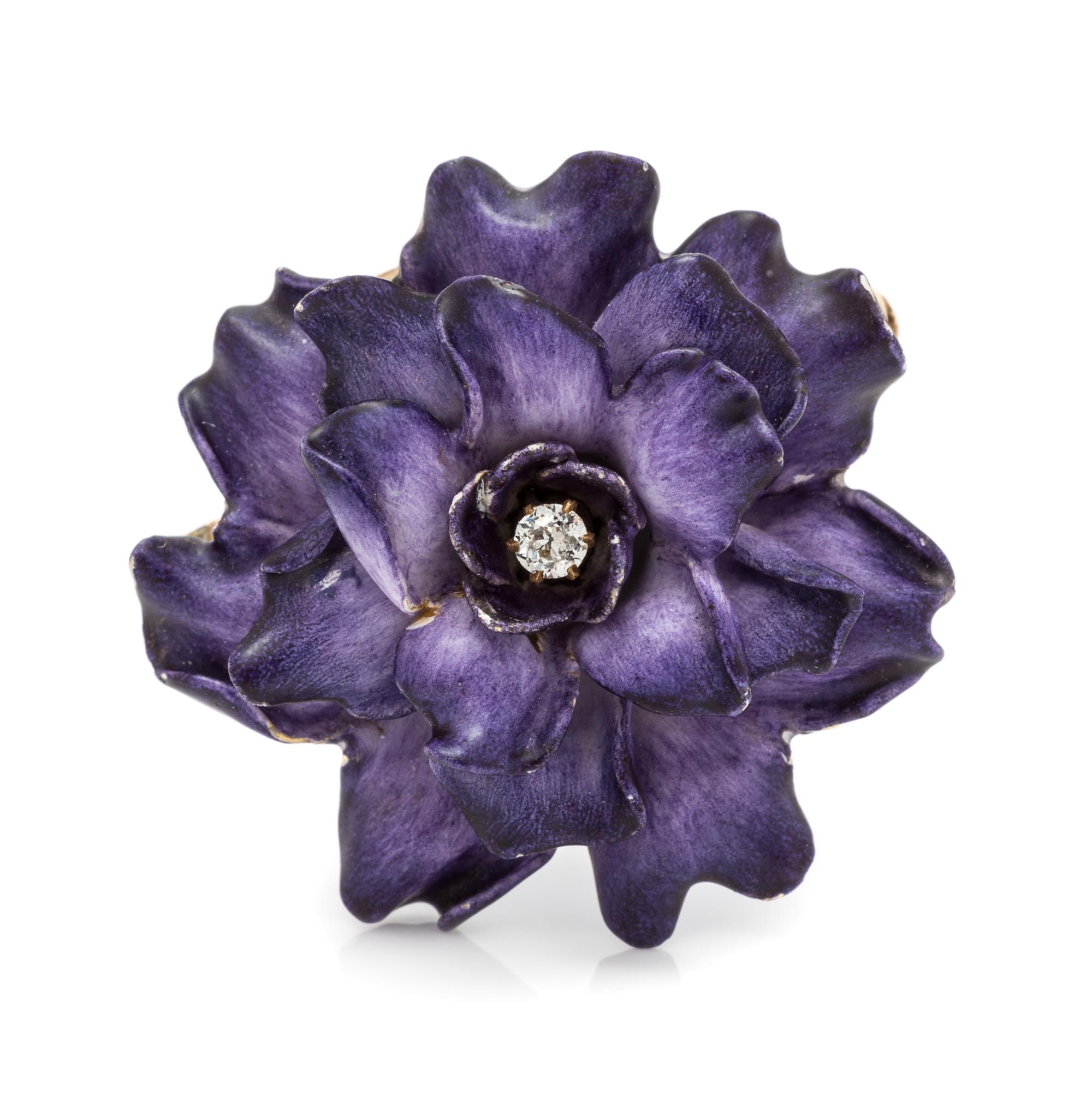 An Art Nouveau 14 Karat Yellow Gold, Enamel and Diamond Flower Pendant/Brooch, 7.10 dwts.