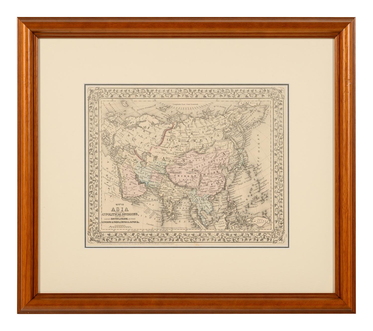 WILLIAMS W. Map of Asia Showing the Gt. Political Divisions and also Showing the Various Routes of Travel between London & India, China, Japan . Philadelphia: N.d. Plate 115. 20 ¼ x 23 ¼ in. Matted and framed.