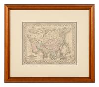 WILLIAMS W. Map of Asia Showing the Gt. Political Divisions and also Showing the Various Routes of Travel between London & India, China, Japan . Philadelphia: N.d. Plate 115. 20 ¼ x 23 ¼ in. Matted and framed.