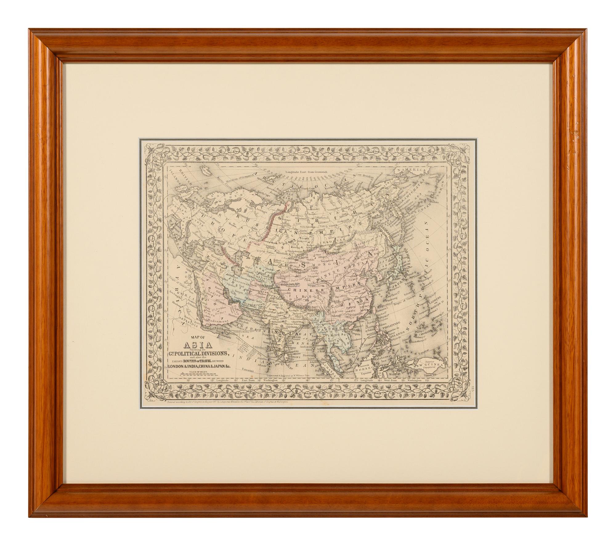 WILLIAMS W. Map of Asia Showing the Gt. Political Divisions and also Showing the Various Routes of Travel between London & India, China, Japan . Philadelphia: N.d. Plate 115. 20 ¼ x 23 ¼ in. Matted and framed.