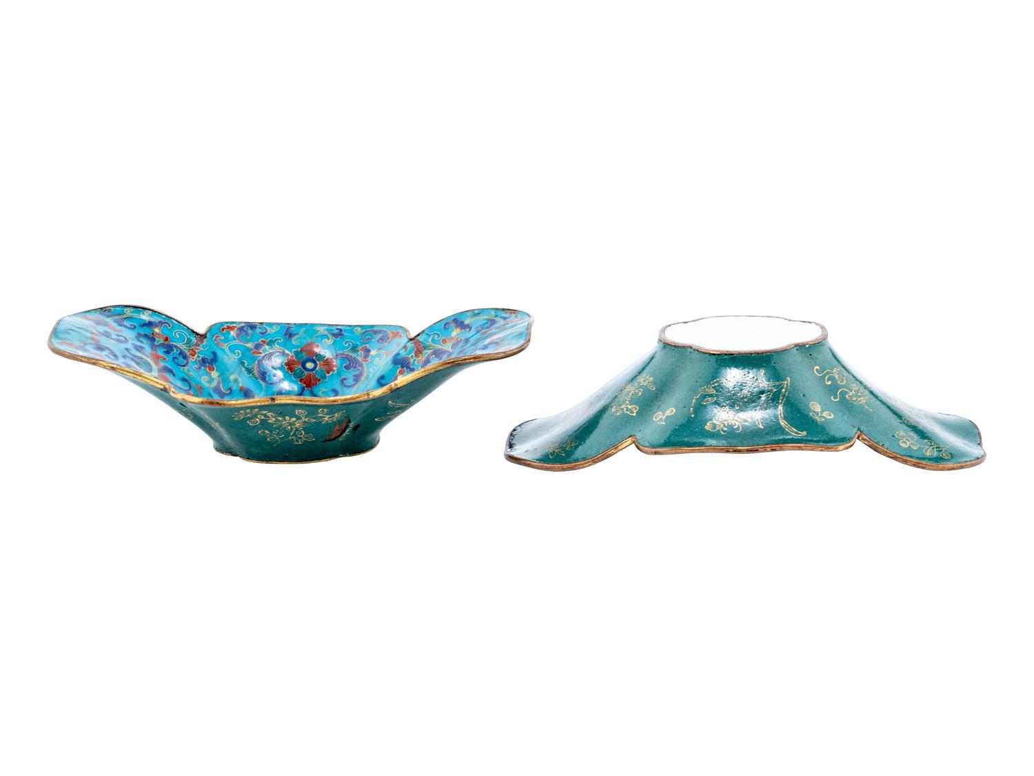 A Pair of Chinese Painted Enamel on Copper Begonia-Shaped Dishes