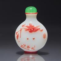 A Chinese Overlay Glass Snuff Bottle, Yangzhou School, Qing Dynasty, Circa 1850-1890 — 1850-1890年 揚州作涅白地套粉紅料以介眉壽鼻煙壺