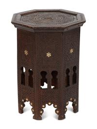 A Moroccan Bone Inlaid Walnut Hexagonal Side Table