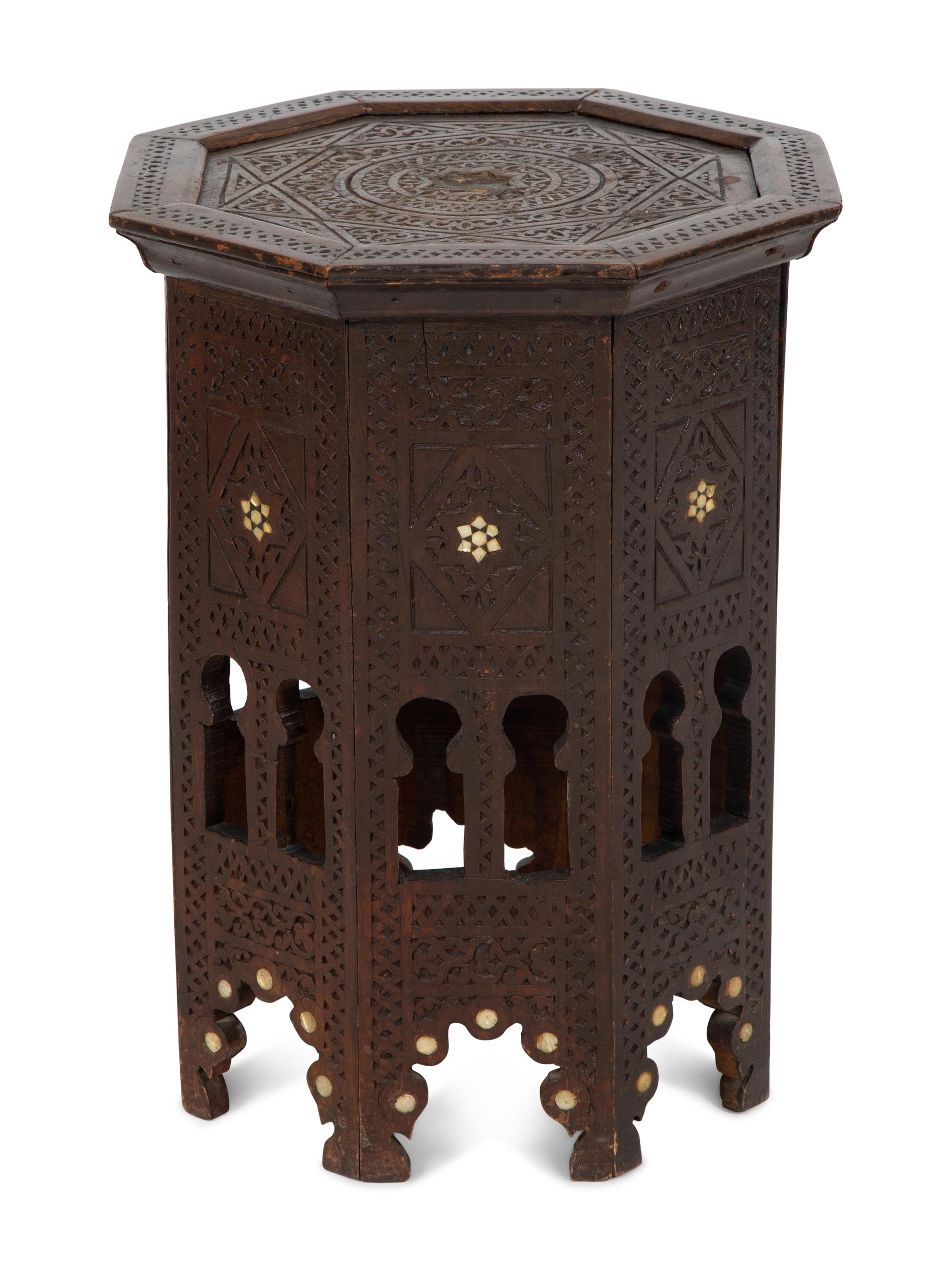 A Moroccan Bone Inlaid Walnut Hexagonal Side Table