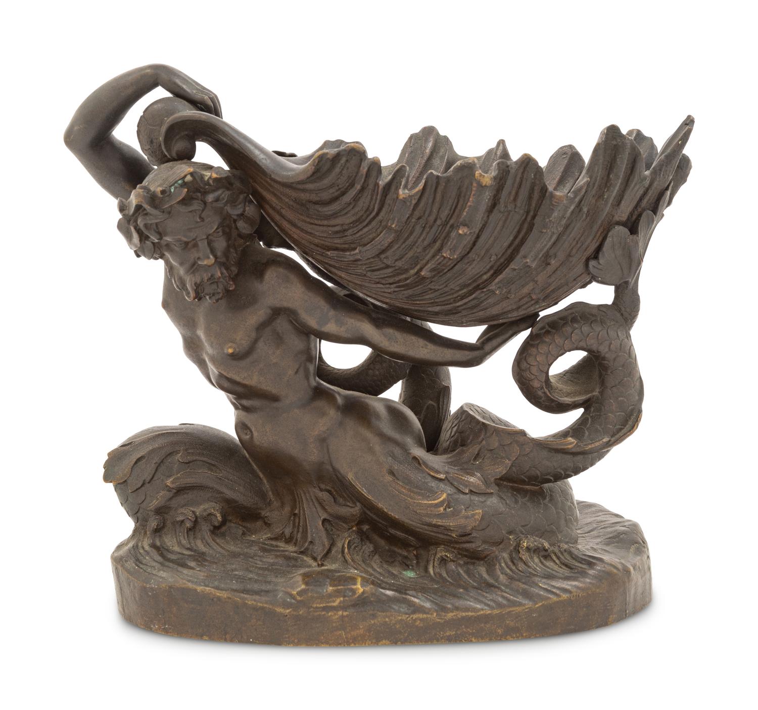 A Continental Bronze Triton and Shell-Form Bowl
