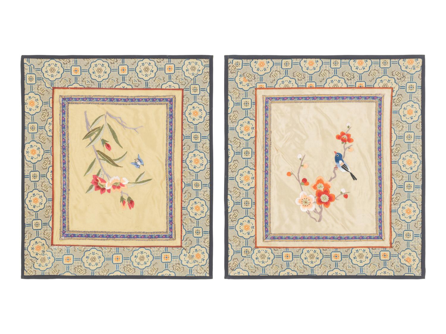Thirteen Embroidered and Woven Silk Articles