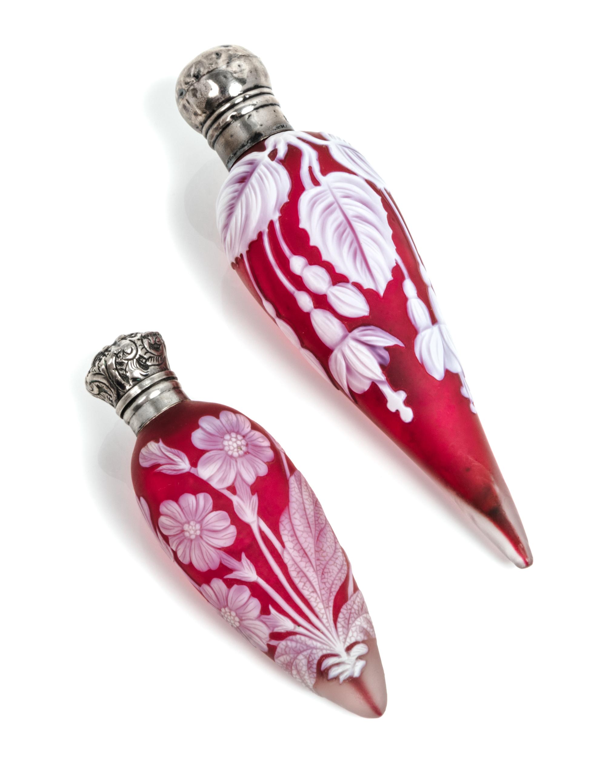English, LATE 19TH CENTURY, two silver mounted cameo glass perfume bottles, each of tapering form with floral decoration