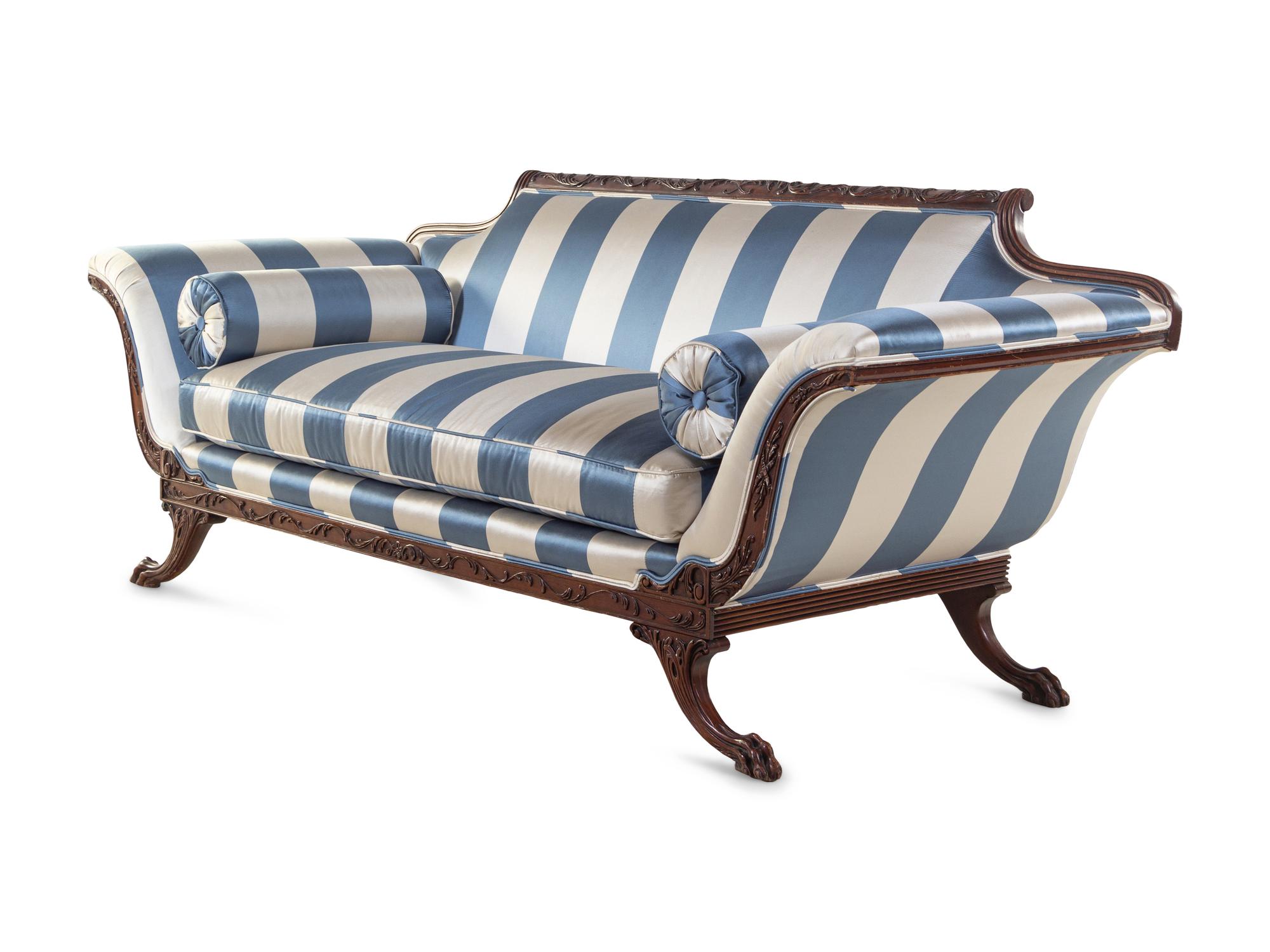 A Regency Style Scalamandré Satin Upholstered Sofa