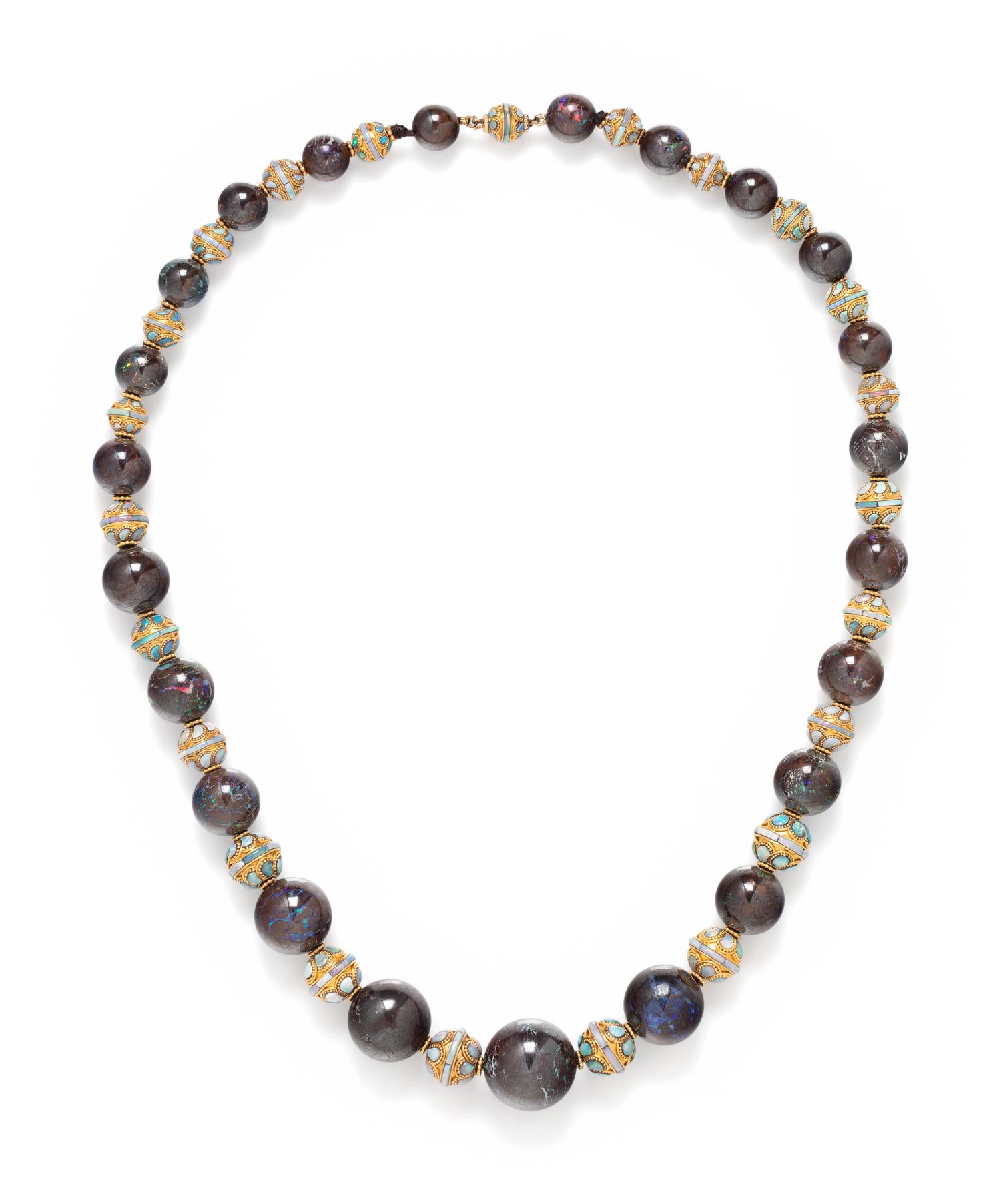 TIFFANY & CO., ART NOUVEAU, YELLOW GOLD, OPAL AND BOULDER OPAL BEAD NECKLACE