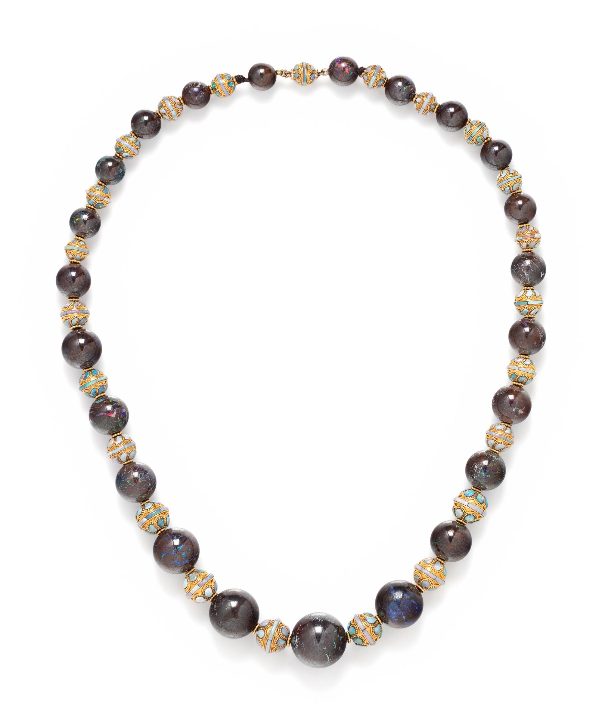 TIFFANY & CO., ART NOUVEAU, YELLOW GOLD, OPAL AND BOULDER OPAL BEAD NECKLACE