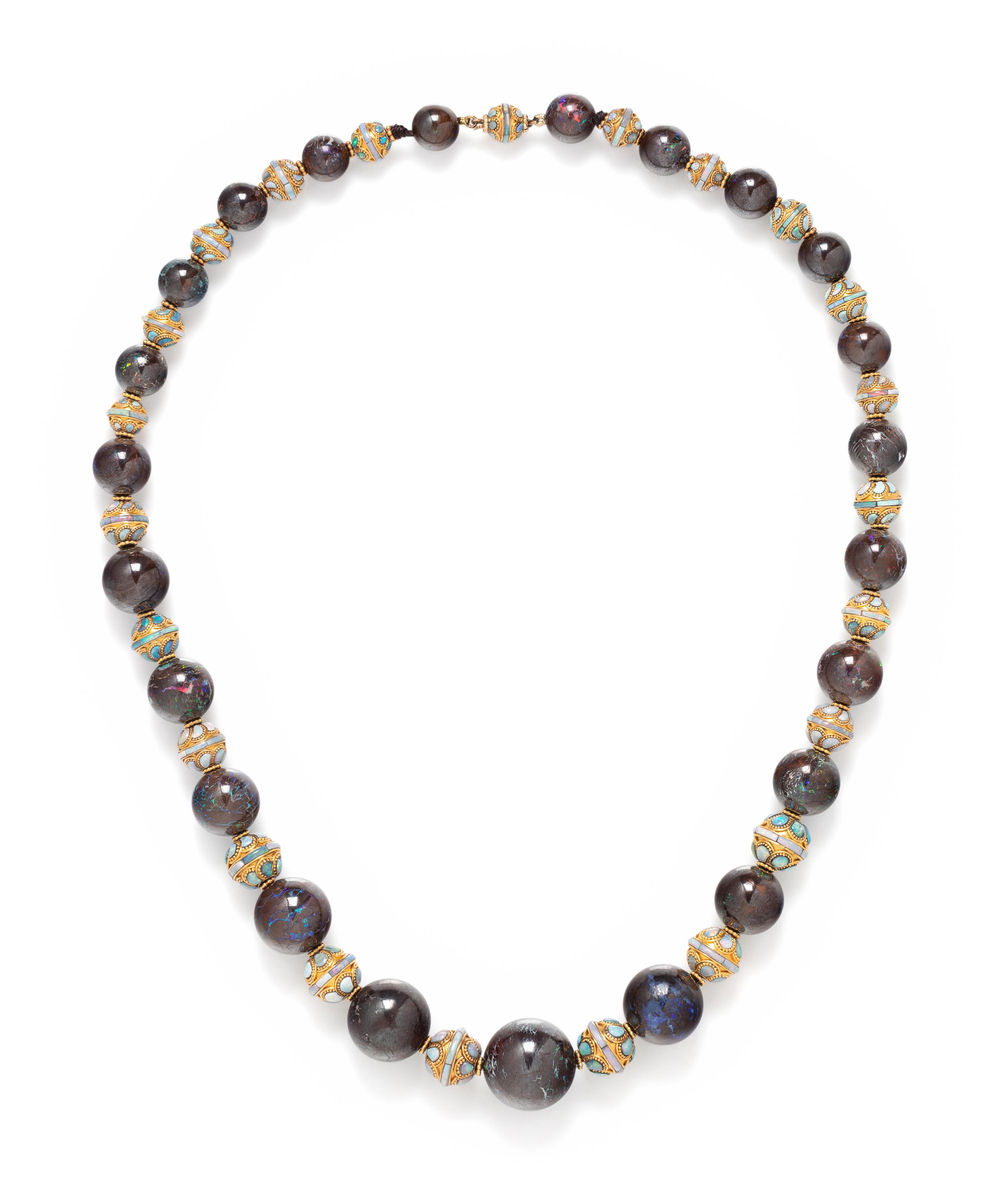 TIFFANY & CO., ART NOUVEAU, YELLOW GOLD, OPAL AND BOULDER OPAL BEAD NECKLACE