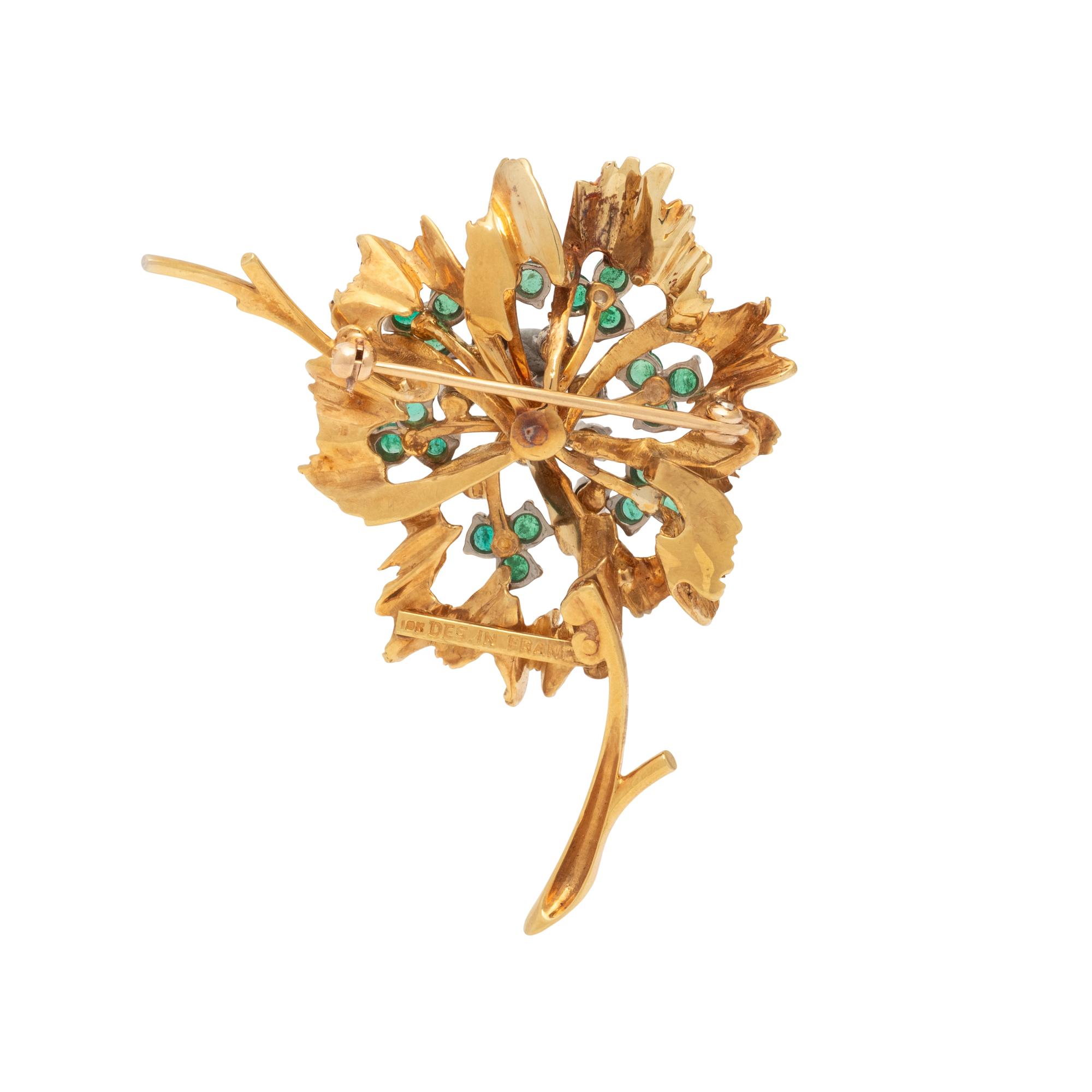 FRENCH, EMERALD AND DIAMOND FLOWER BROOCH
